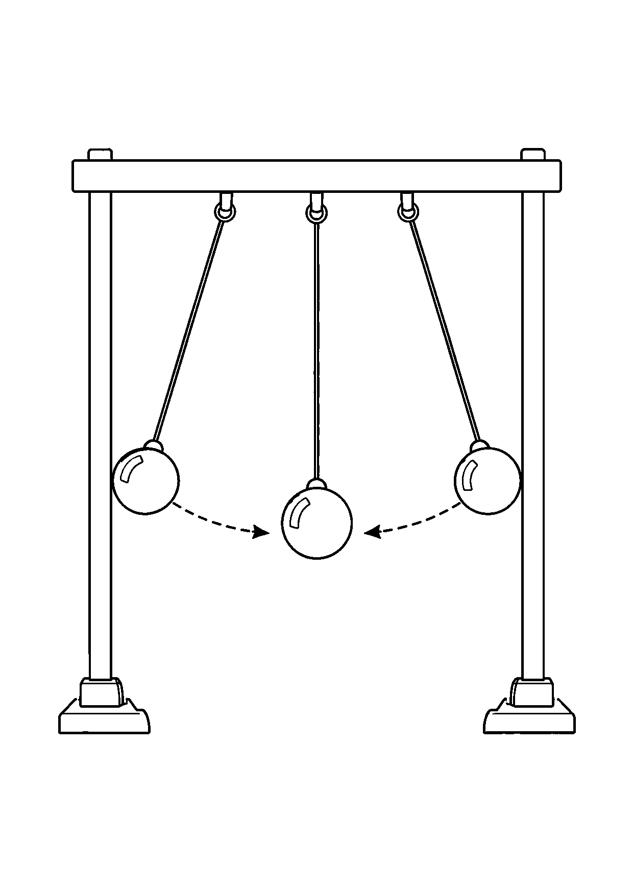 Coloriage scientifique illustrant pendule avec boule suspendue montré en trois positions successives, sans texte, sans texte, à imprimer