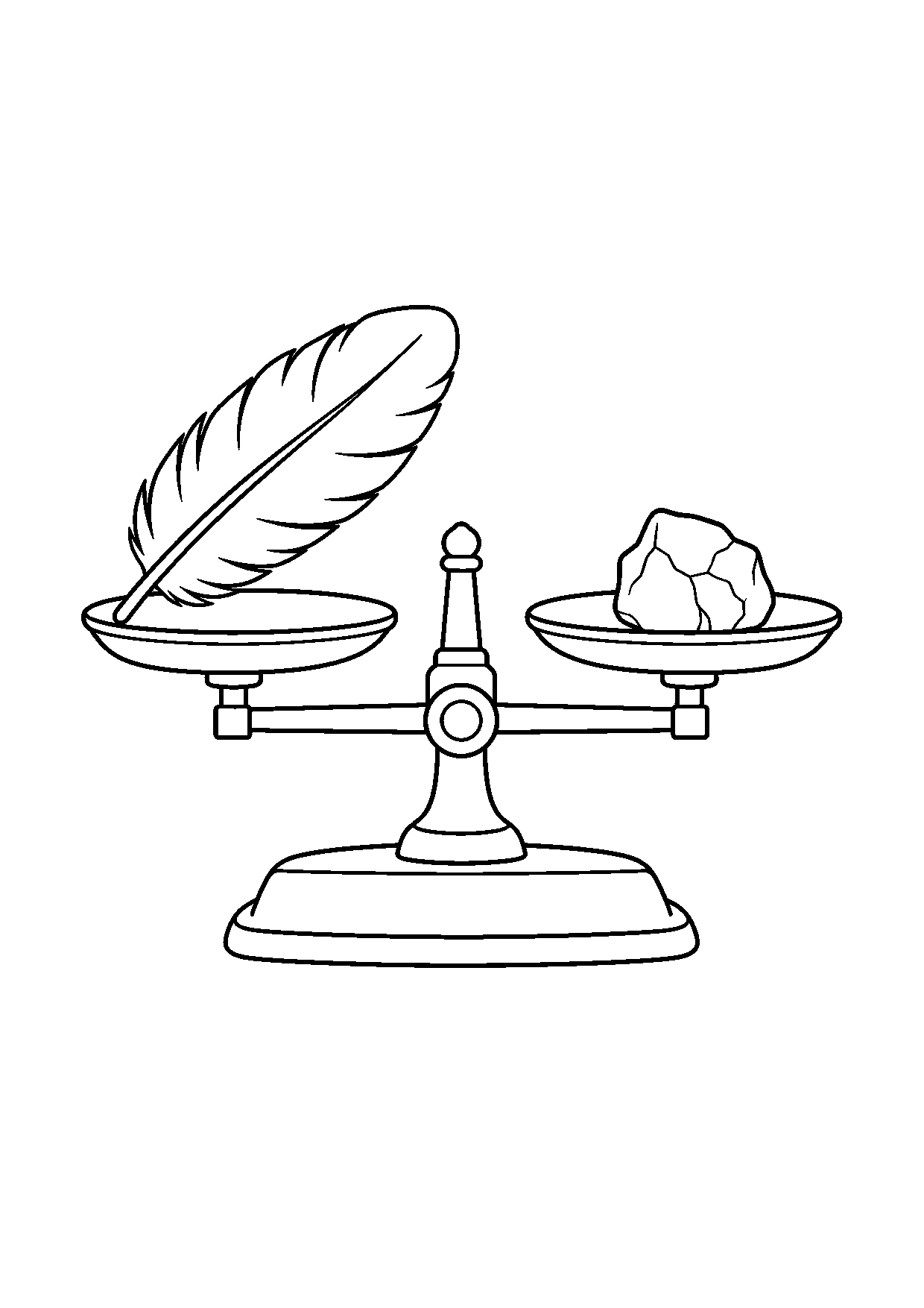 Coloriage scientifique illustrant balance à deux plateaux comparant des objets de tailles différentes, sans texte, à imprimer