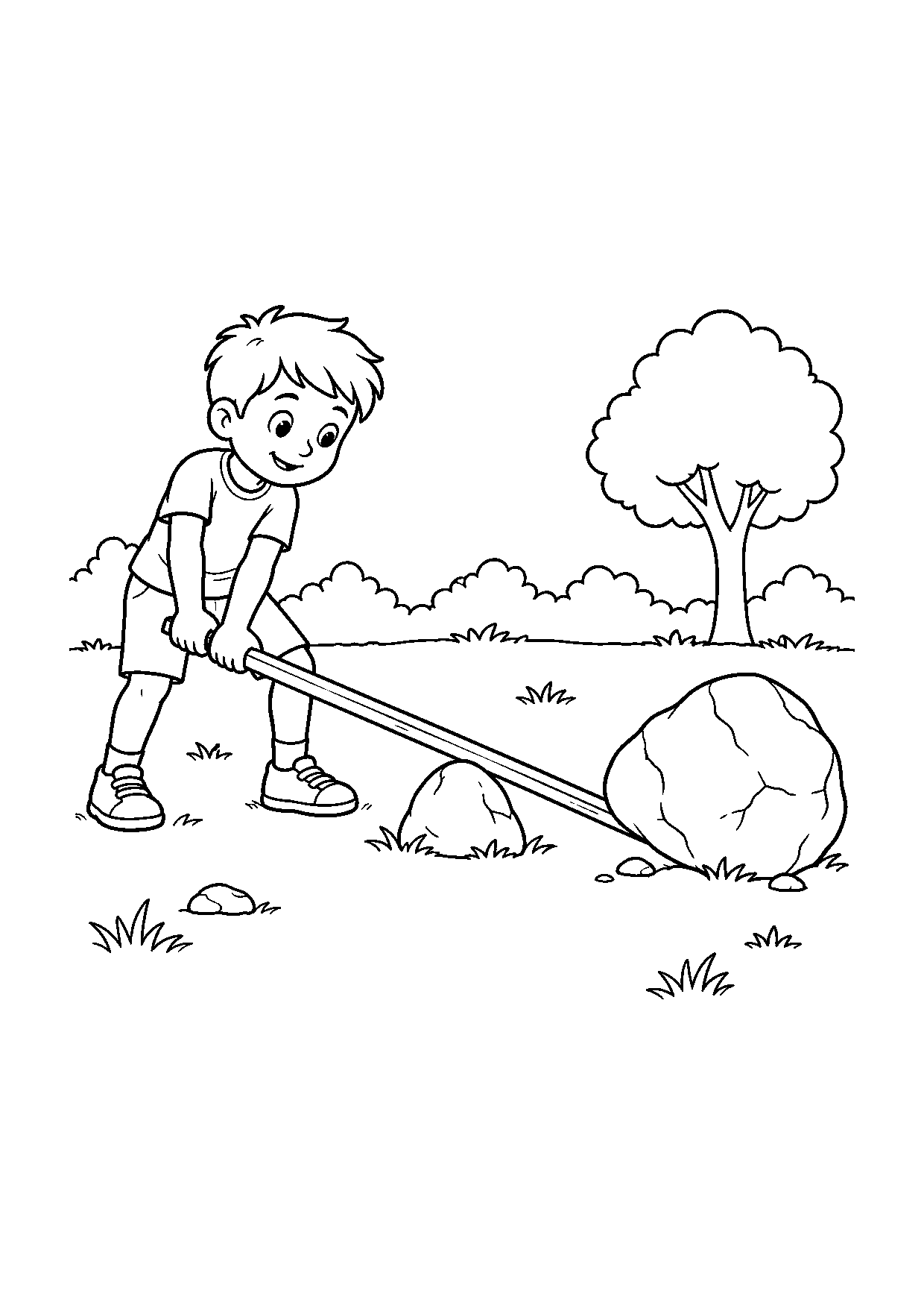Coloriage scientifique illustrant planche utilisée comme levier pour soulever une pierre, point d’appui visible, sans texte, à imprimer