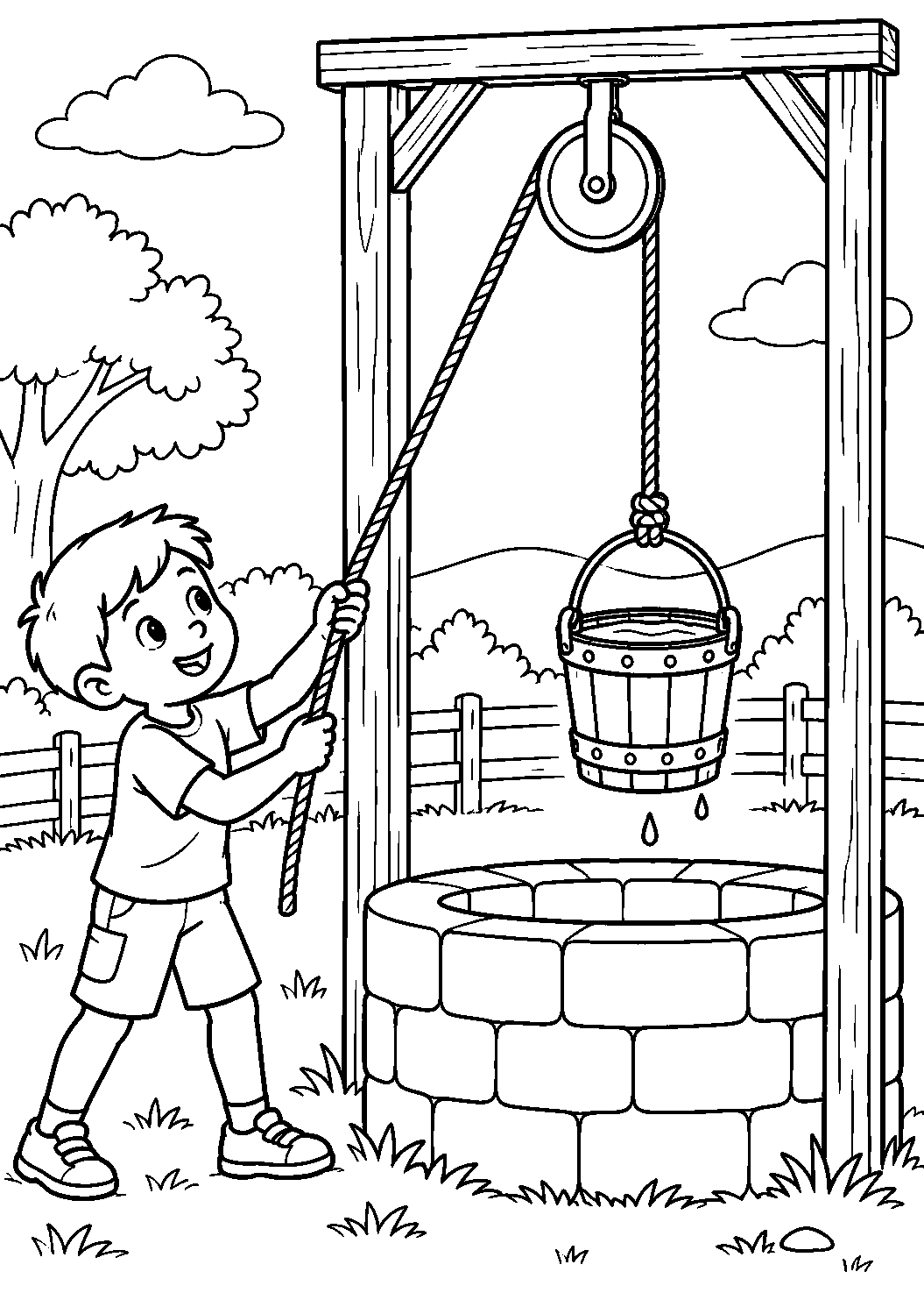 Coloriage scientifique illustrant poulie simple avec corde et seau en mouvement, sans texte, à imprimer