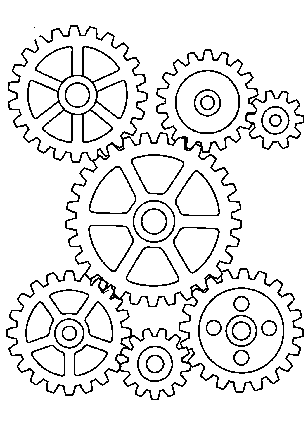Coloriage scientifique illustrant plusieurs roues dentées de tailles différentes qui s’emboîtent, sans texte, à imprimer