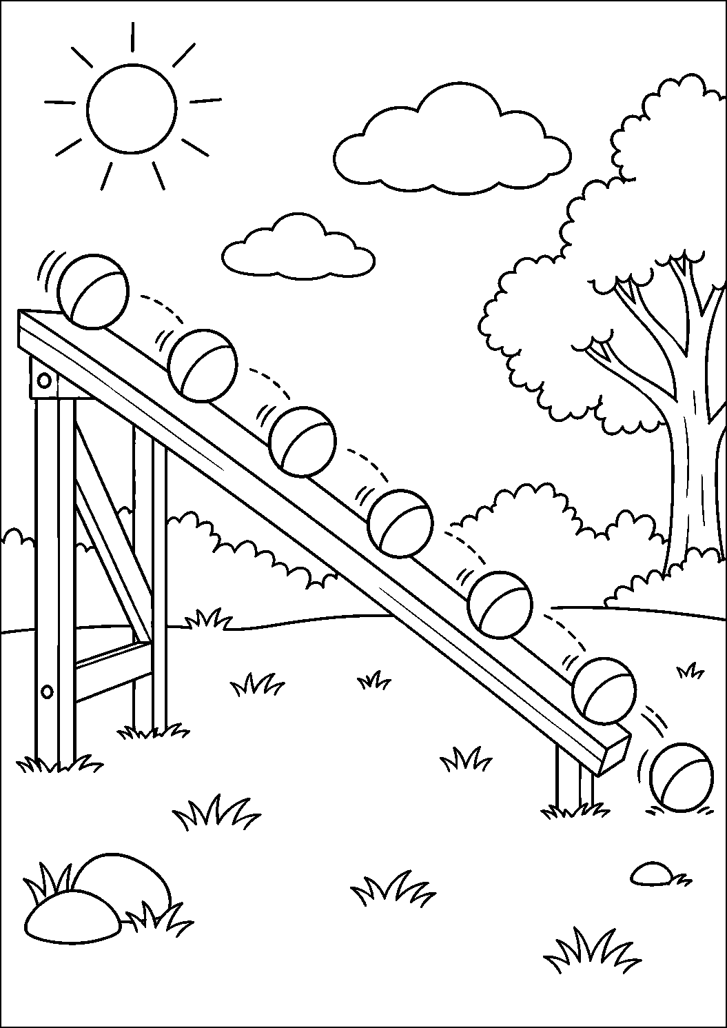 Coloriage scientifique illustrant bille descendant une rampe avec positions successives indiquant le mouvement, sans texte, à imprimer