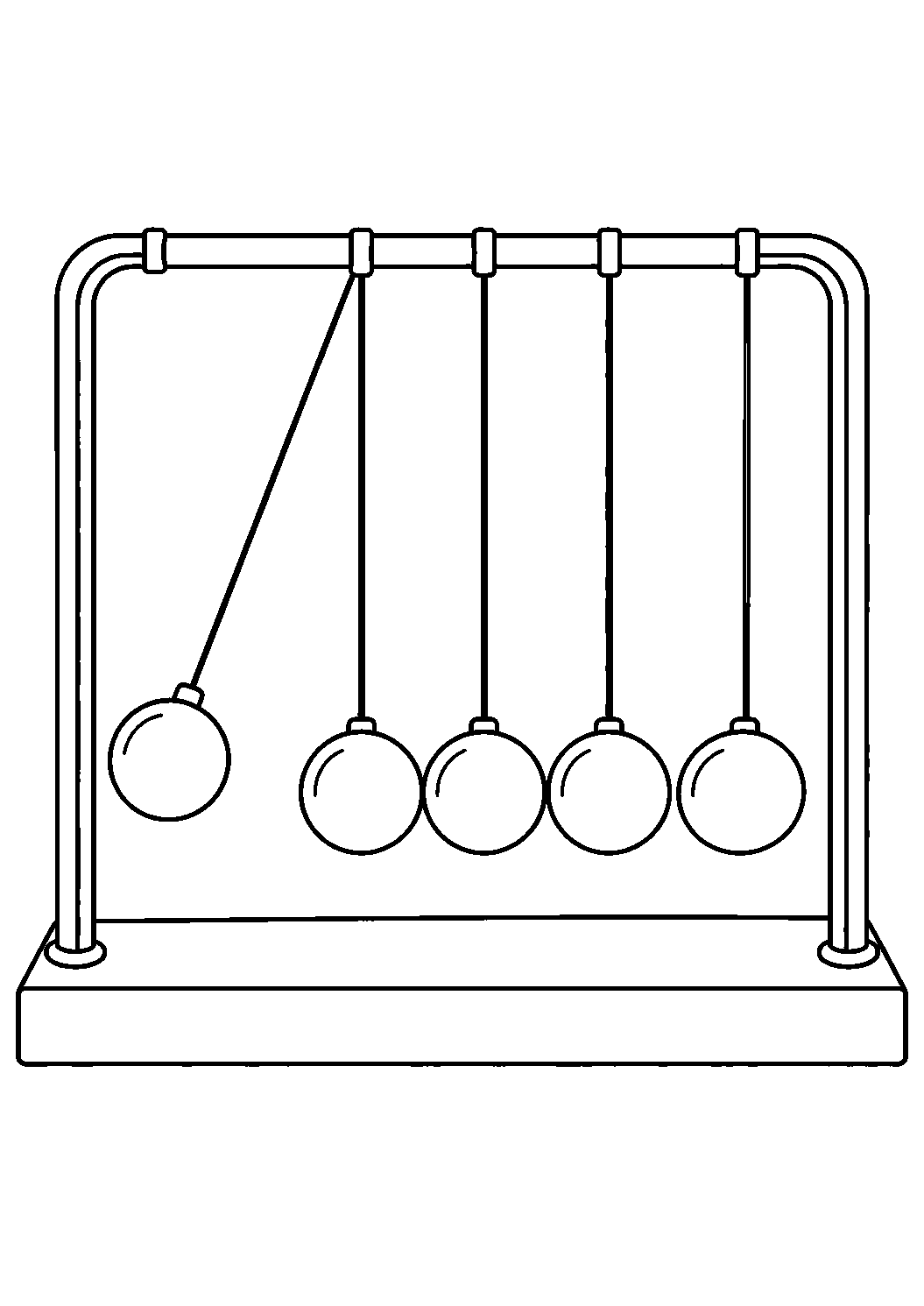 Coloriage scientifique illustrant cinq billes suspendues d’un pendule de Newton avec une bille écartée, sans texte, à imprimer