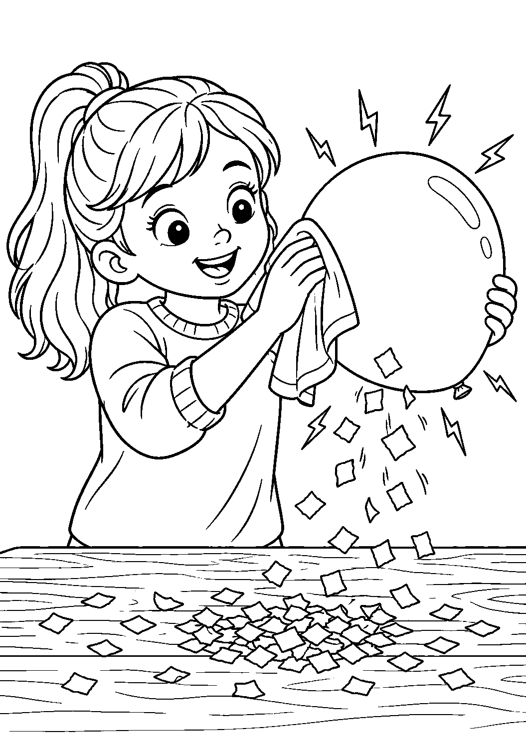 Coloriage scientifique illustrant ballon attirant de petits morceaux de papier après frottement, sans texte, sans texte, à imprimer