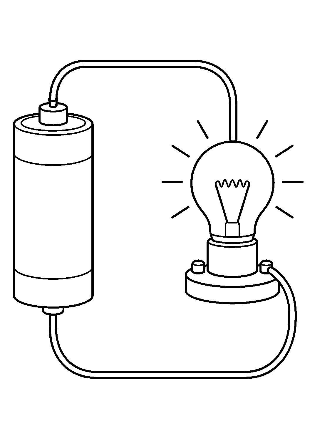 Coloriage scientifique illustrant pile générique reliée par des fils à une ampoule allumée, sans symbole ni marque, sans texte, à imprimer
