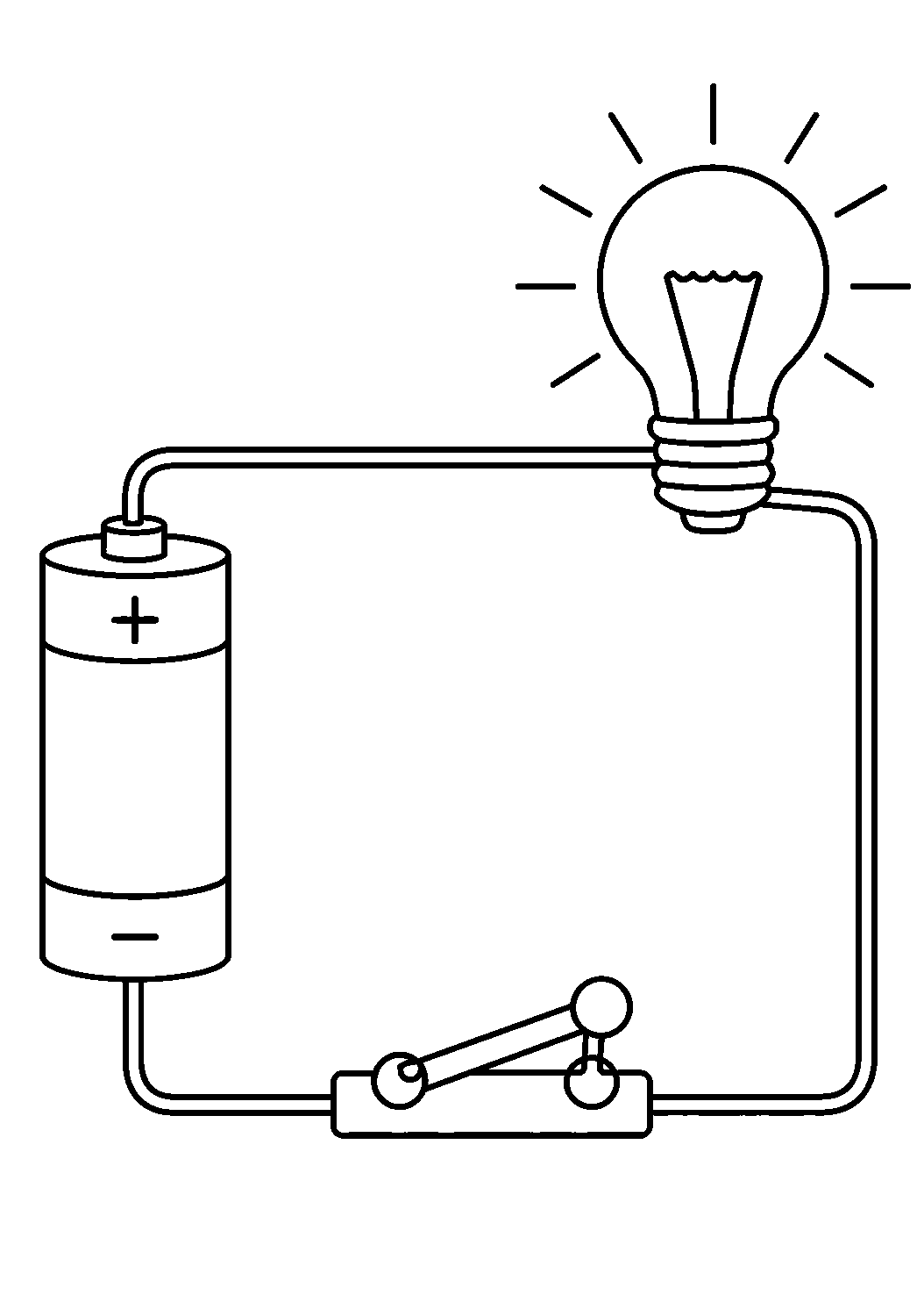 Coloriage scientifique illustrant circuit électrique simple avec pile, ampoule et interrupteur clairement visibles, sans texte, à imprimer