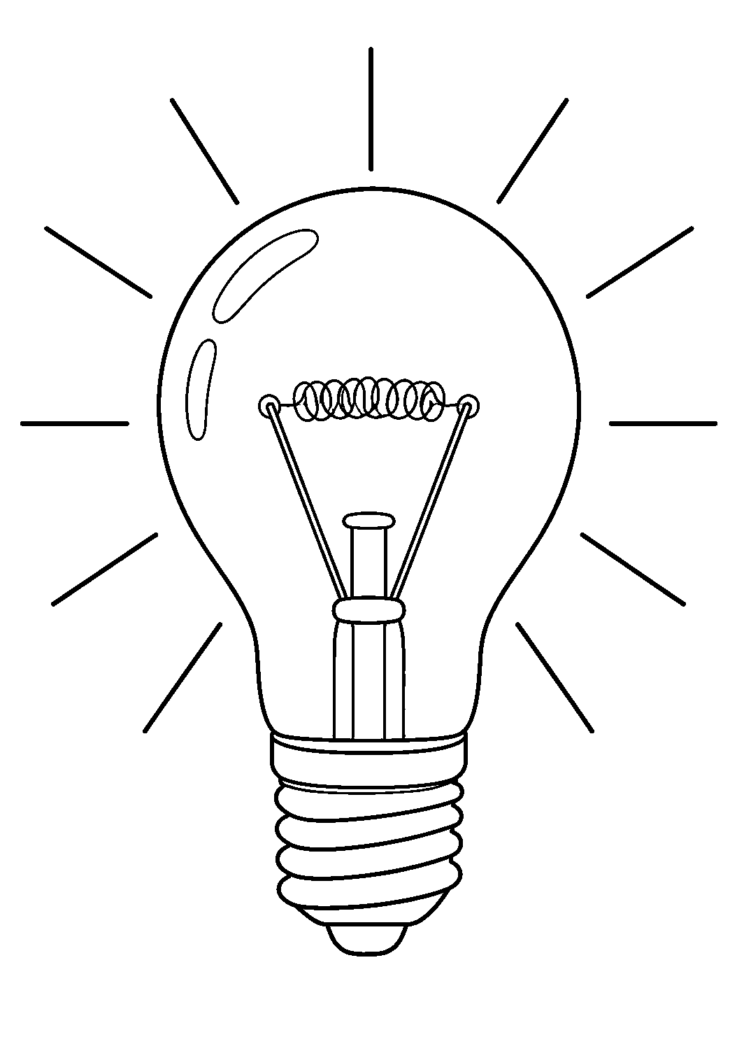 Coloriage scientifique illustrant ampoule centrale envoyant des rayons lumineux vers plusieurs directions, sans texte, à imprimer