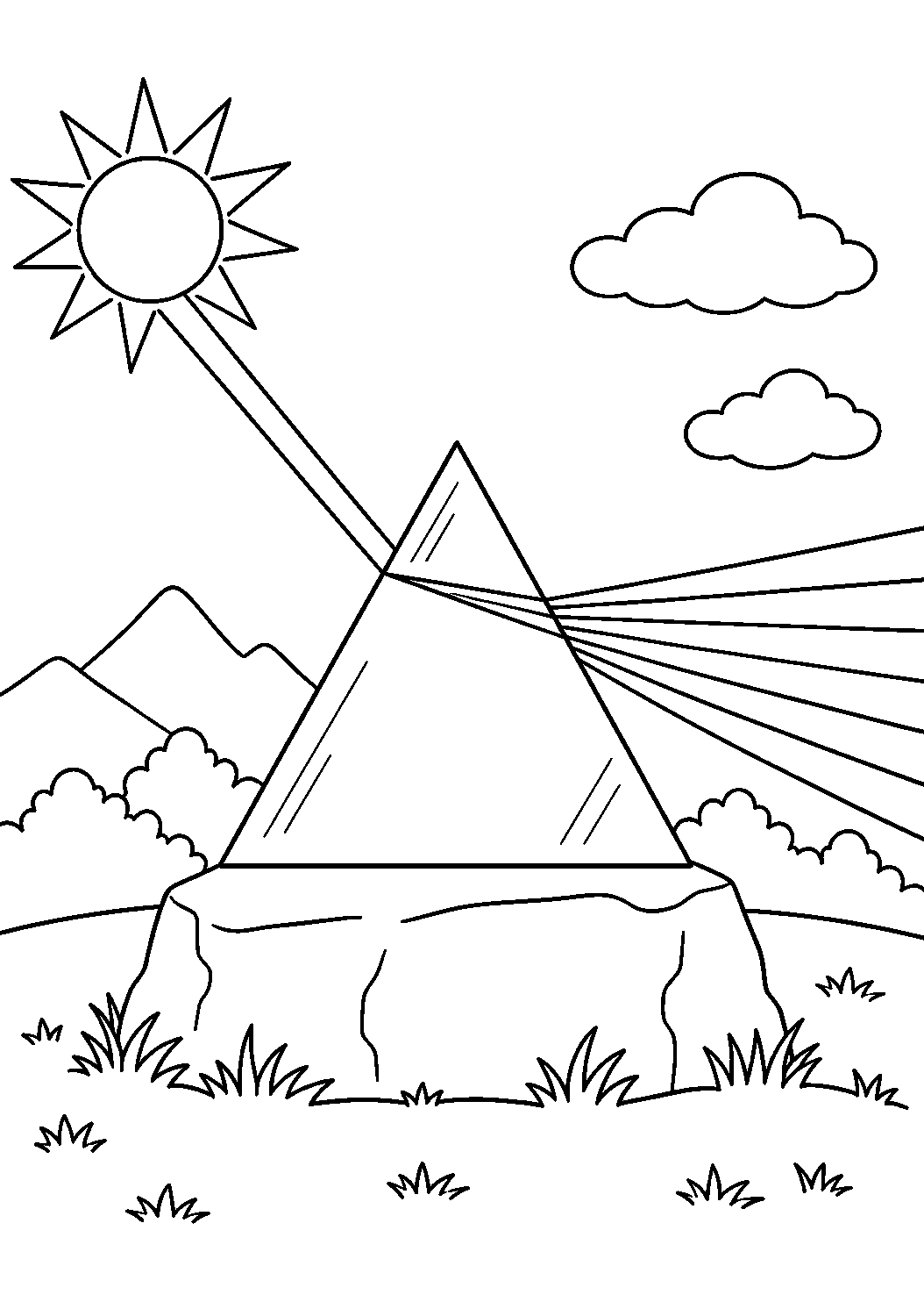 Coloriage scientifique illustrant faisceau entrant dans un prisme triangulaire et ressortant en plusieurs bandes séparées, sans texte, à imprimer