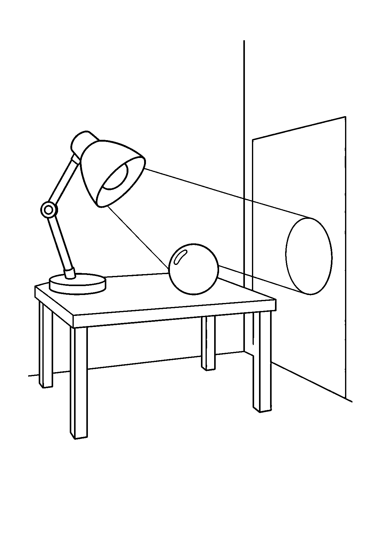 Coloriage scientifique illustrant lampe éclairant un objet et projetant une ombre nette sur un mur, sans texte, à imprimer
