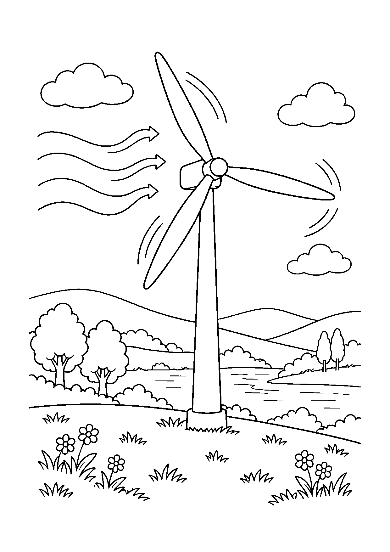 Coloriage scientifique illustrant éolienne générique avec lignes de vent et paysage simple, sans texte, à imprimer