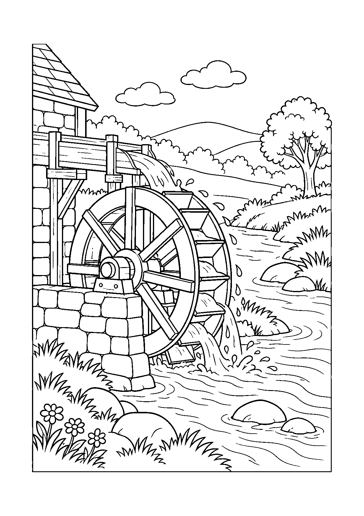 Coloriage scientifique illustrant roue à aubes entraînée par un petit courant d’eau, sans texte, à imprimer