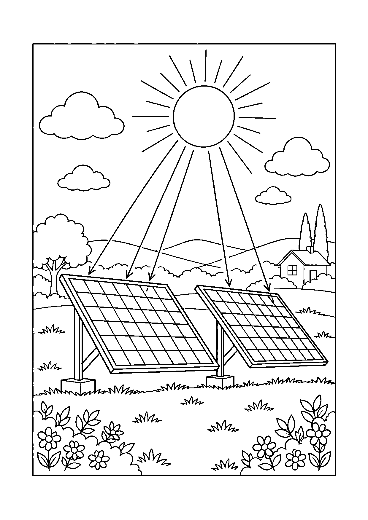 Coloriage scientifique illustrant deux panneaux solaires génériques orientés vers le soleil, sans texte, à imprimer