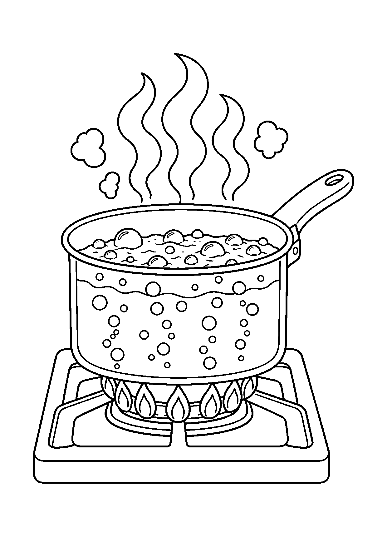 Coloriage scientifique illustrant casserole d’eau chauffée avec bulles et vapeur, sans texte ni flèches complexes, sans texte, à imprimer