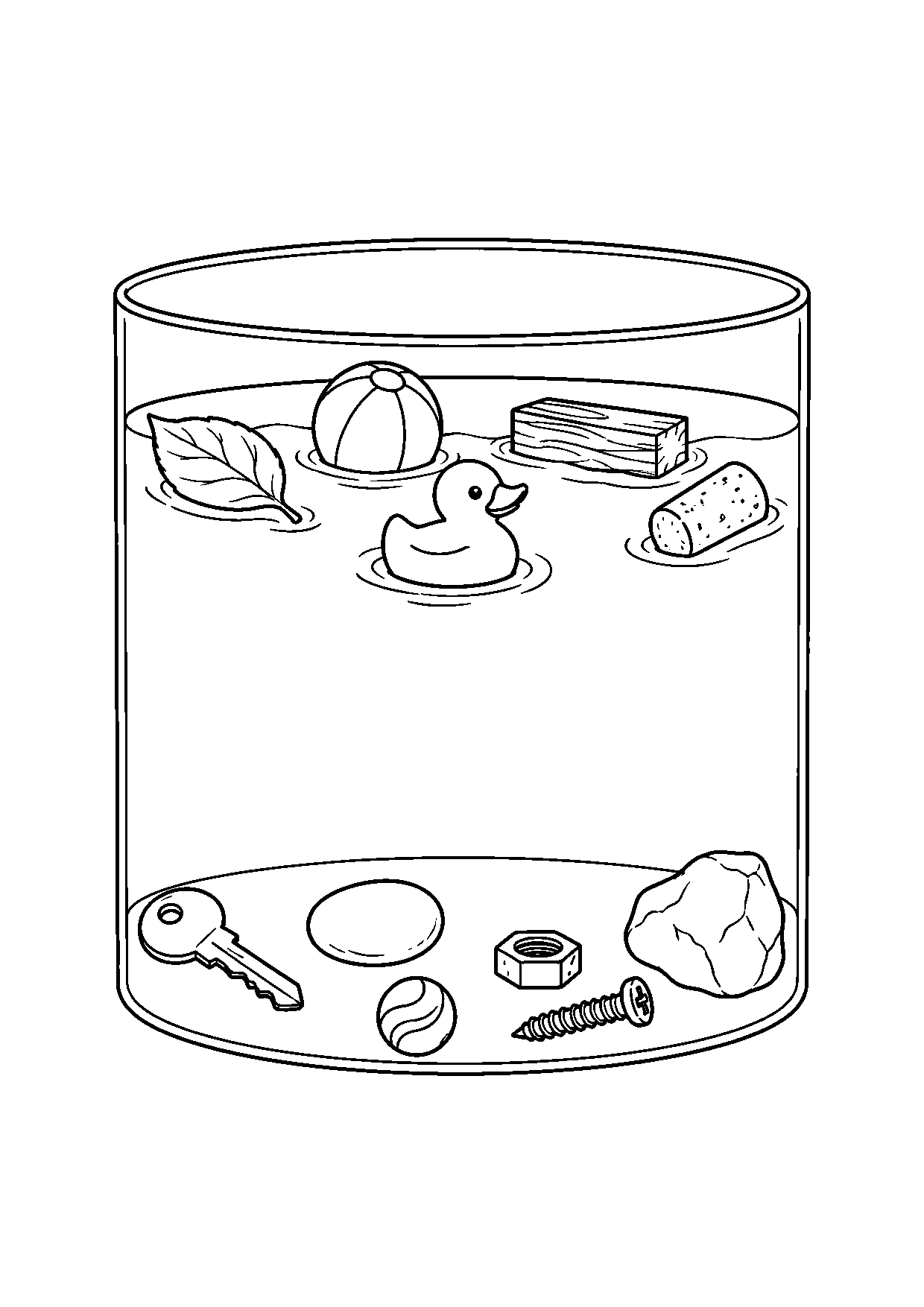 Coloriage scientifique illustrant récipient transparent avec plusieurs objets à la surface et au fond, sans texte, à imprimer