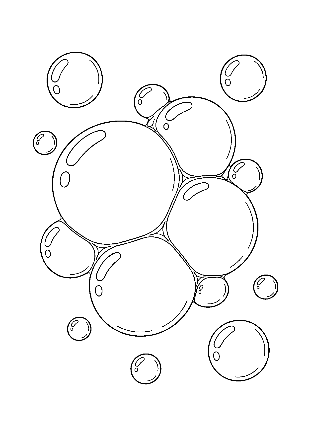 Coloriage scientifique illustrant plusieurs bulles de savon jointives montrant leurs formes circulaires, sans texte, à imprimer