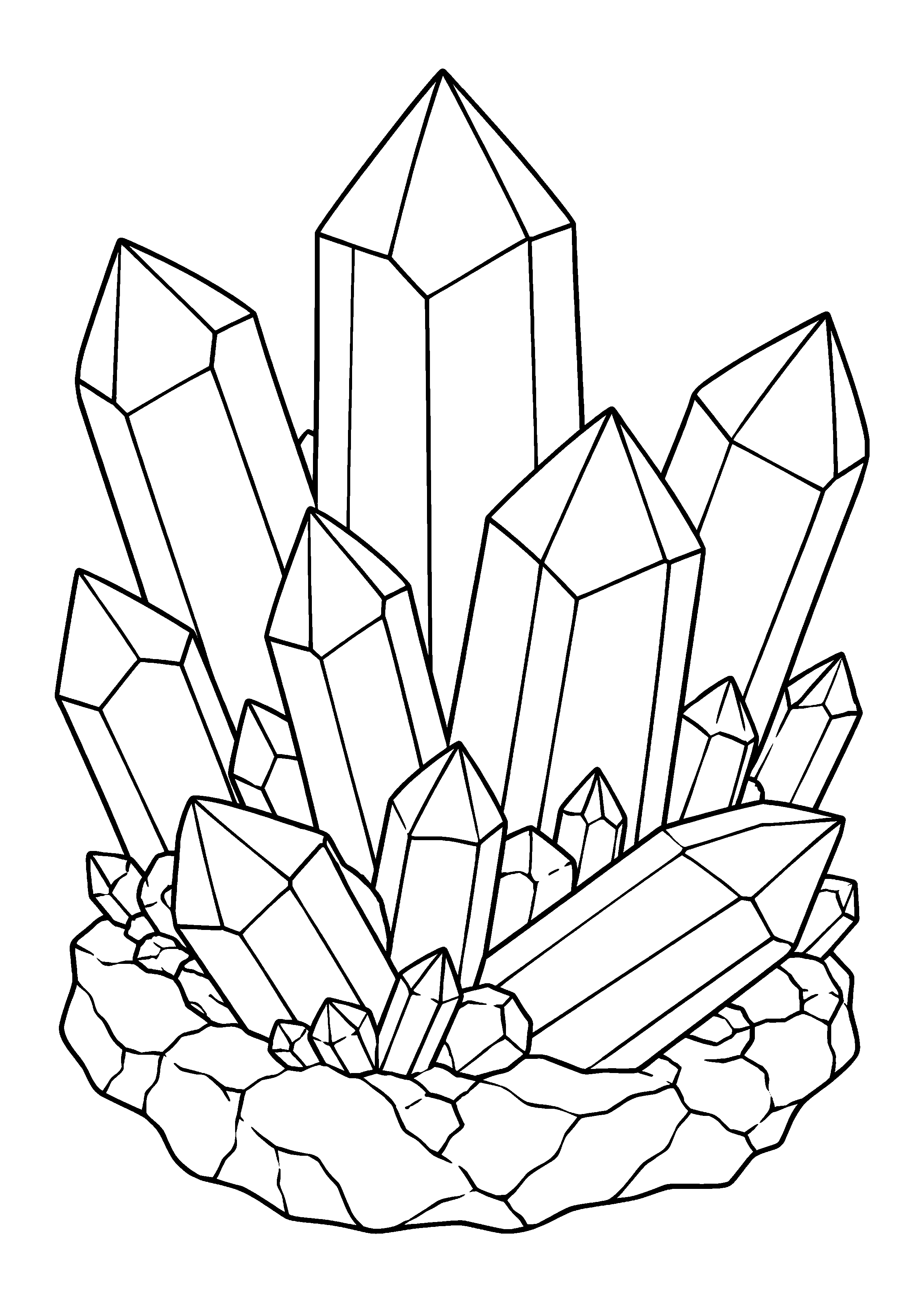 Coloriage scientifique illustrant amas de cristaux aux formes géométriques nettes et variées, sans texte, à imprimer