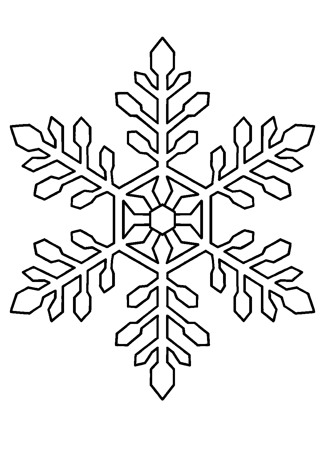 Coloriage scientifique illustrant grand flocon de neige symétrique détaillé vu comme structure scientifique, sans texte, à imprimer
