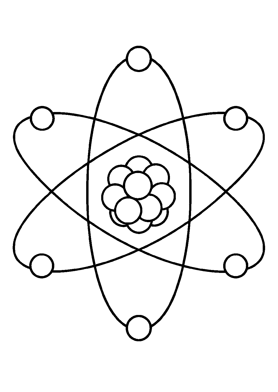 Coloriage scientifique illustrant noyau central et orbites électroniques simples, sans lettres ni chiffres, sans texte, à imprimer