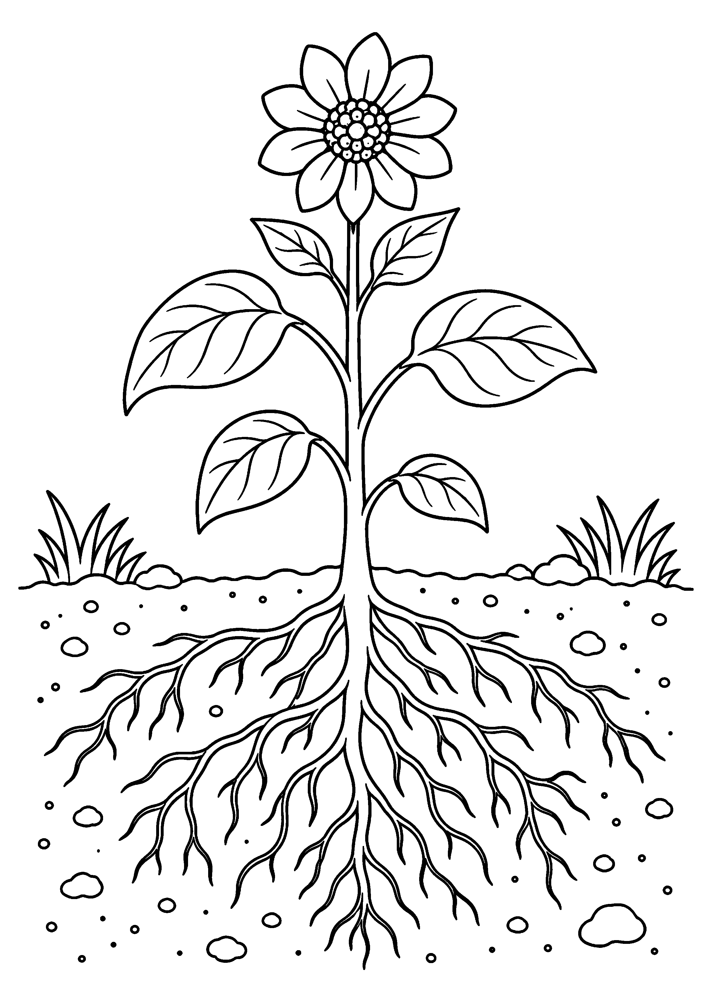 Coloriage scientifique illustrant plante au-dessus du sol et réseau de racines visible sous terre, sans texte, à imprimer