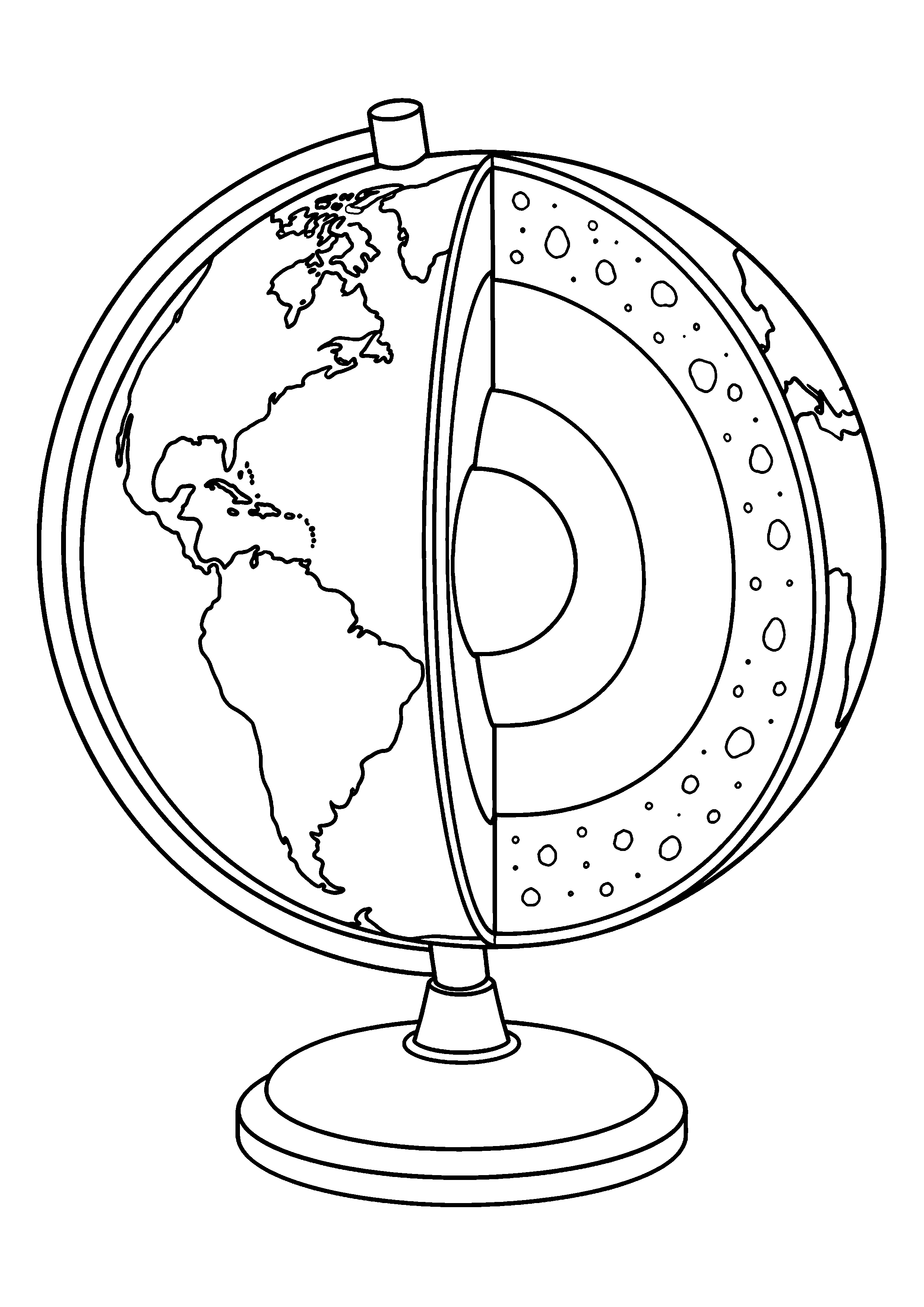 Coloriage scientifique illustrant globe terrestre en coupe montrant plusieurs couches concentriques, sans texte, sans texte, à imprimer