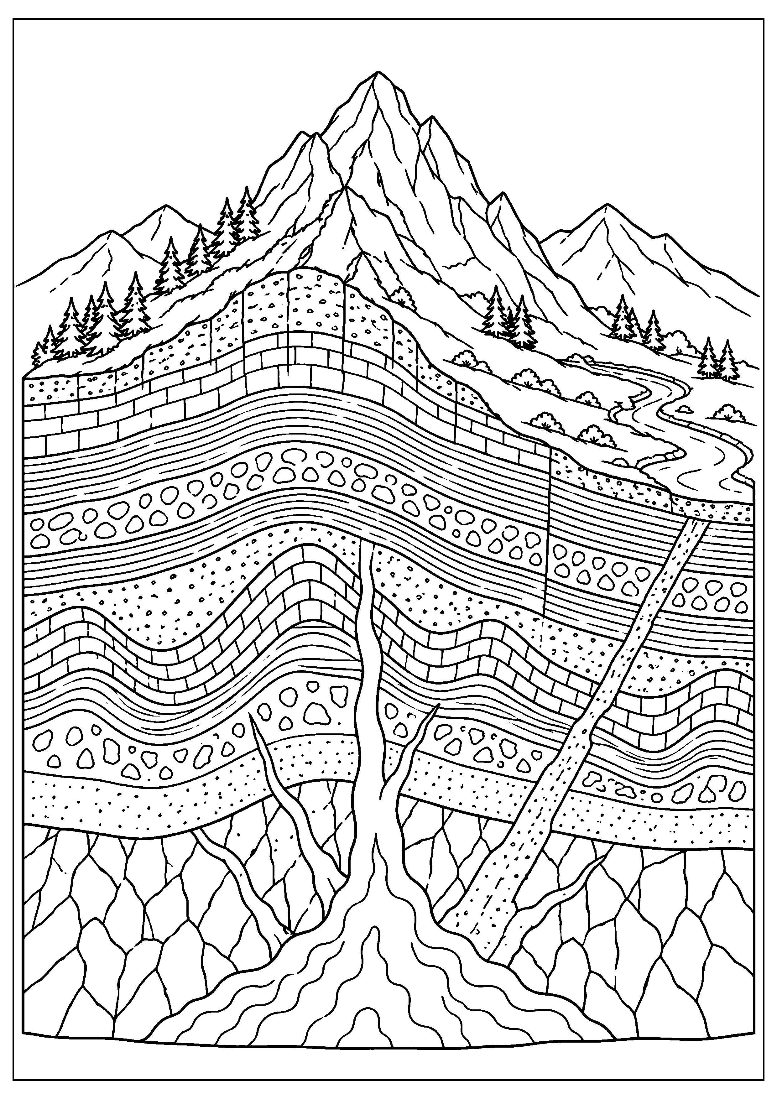 Coloriage scientifique illustrant montagne en coupe avec strates rocheuses visibles, sans texte, à imprimer