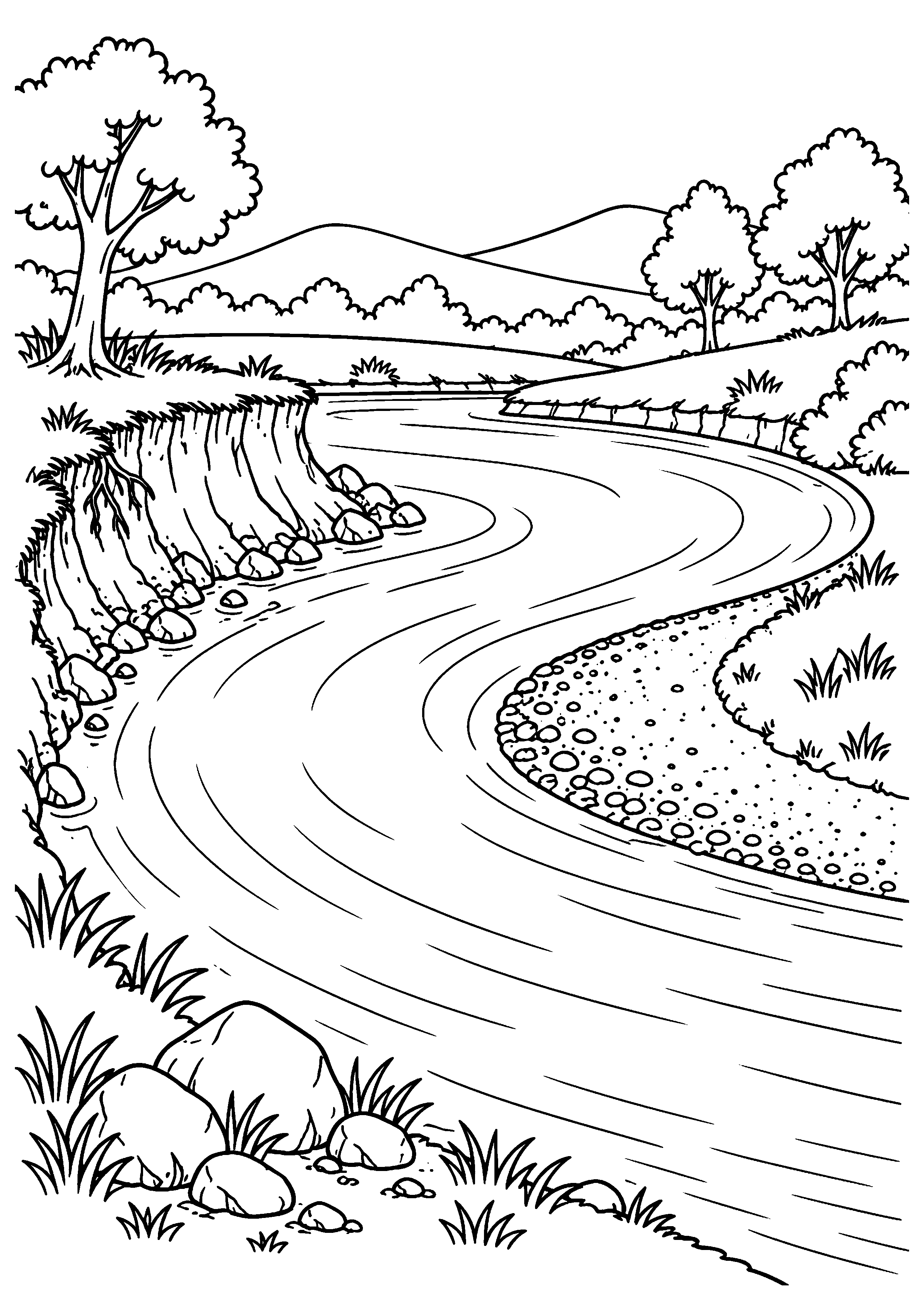 Coloriage scientifique illustrant rivière courbe montrant une berge érodée et des dépôts de l’autre côté, sans texte, à imprimer