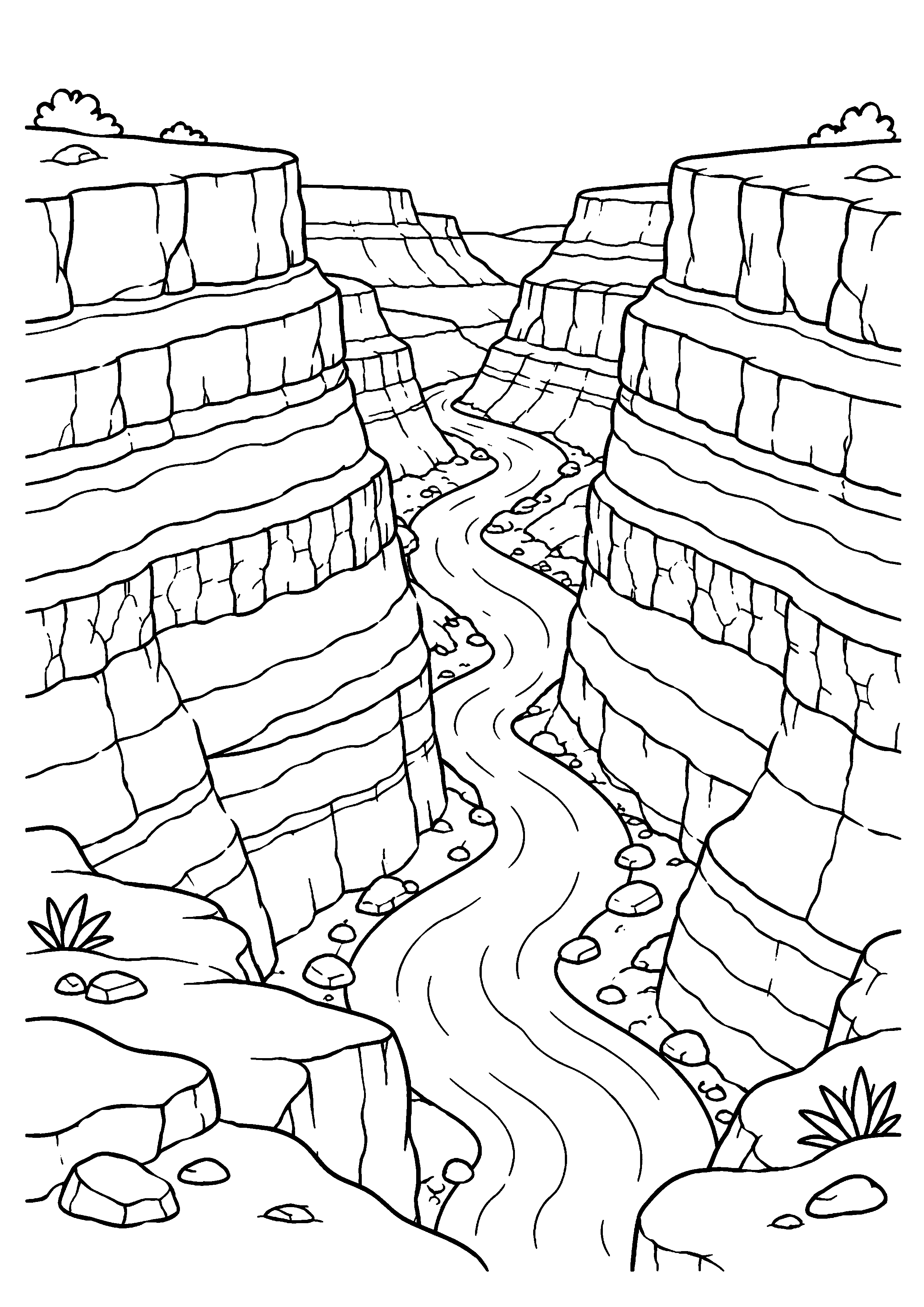 Coloriage scientifique illustrant canyon en coupe avec couches rocheuses et rivière au fond, sans texte, à imprimer