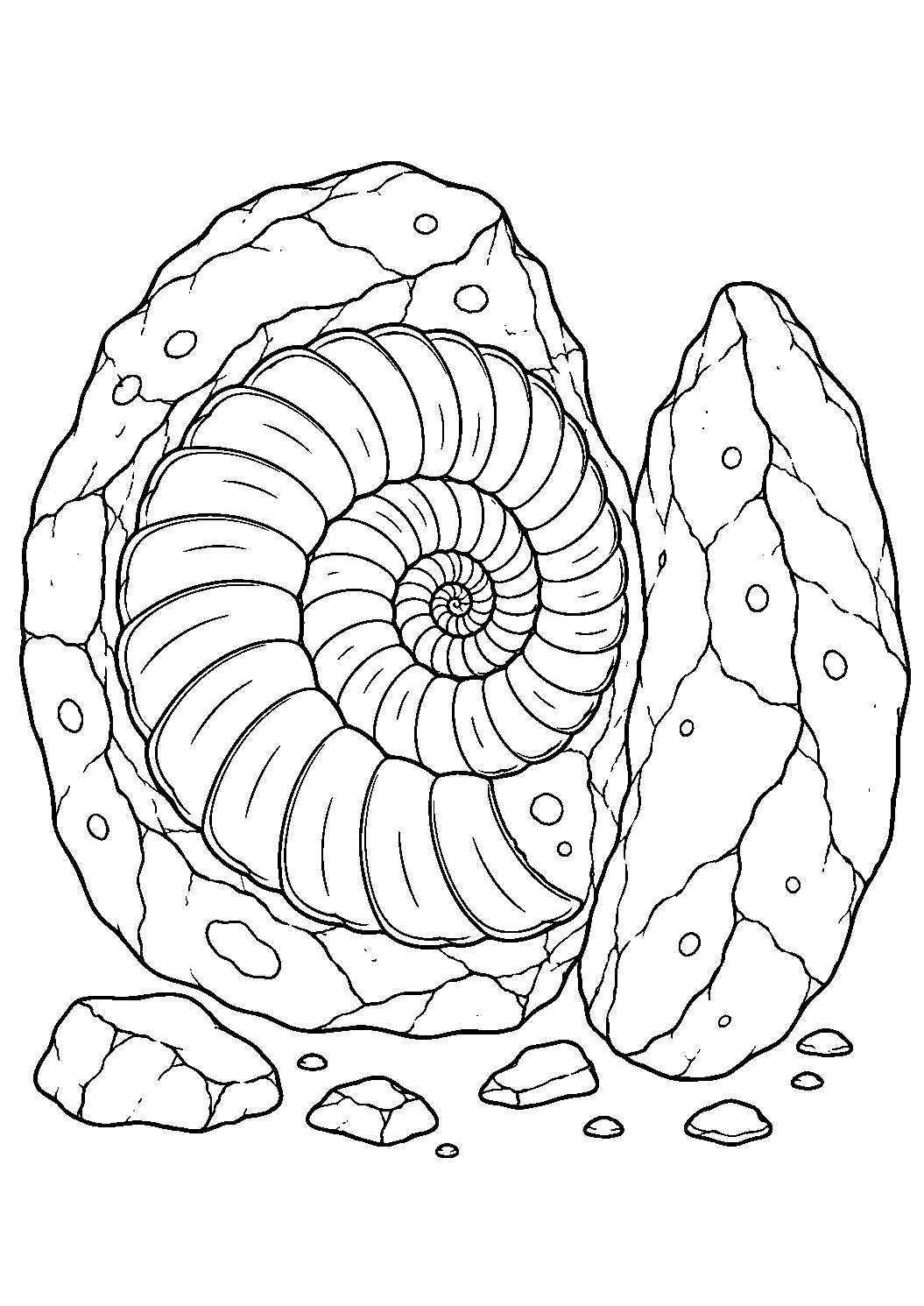Coloriage scientifique illustrant ammonite fossilisée visible dans une pierre fendue, sans texte, à imprimer