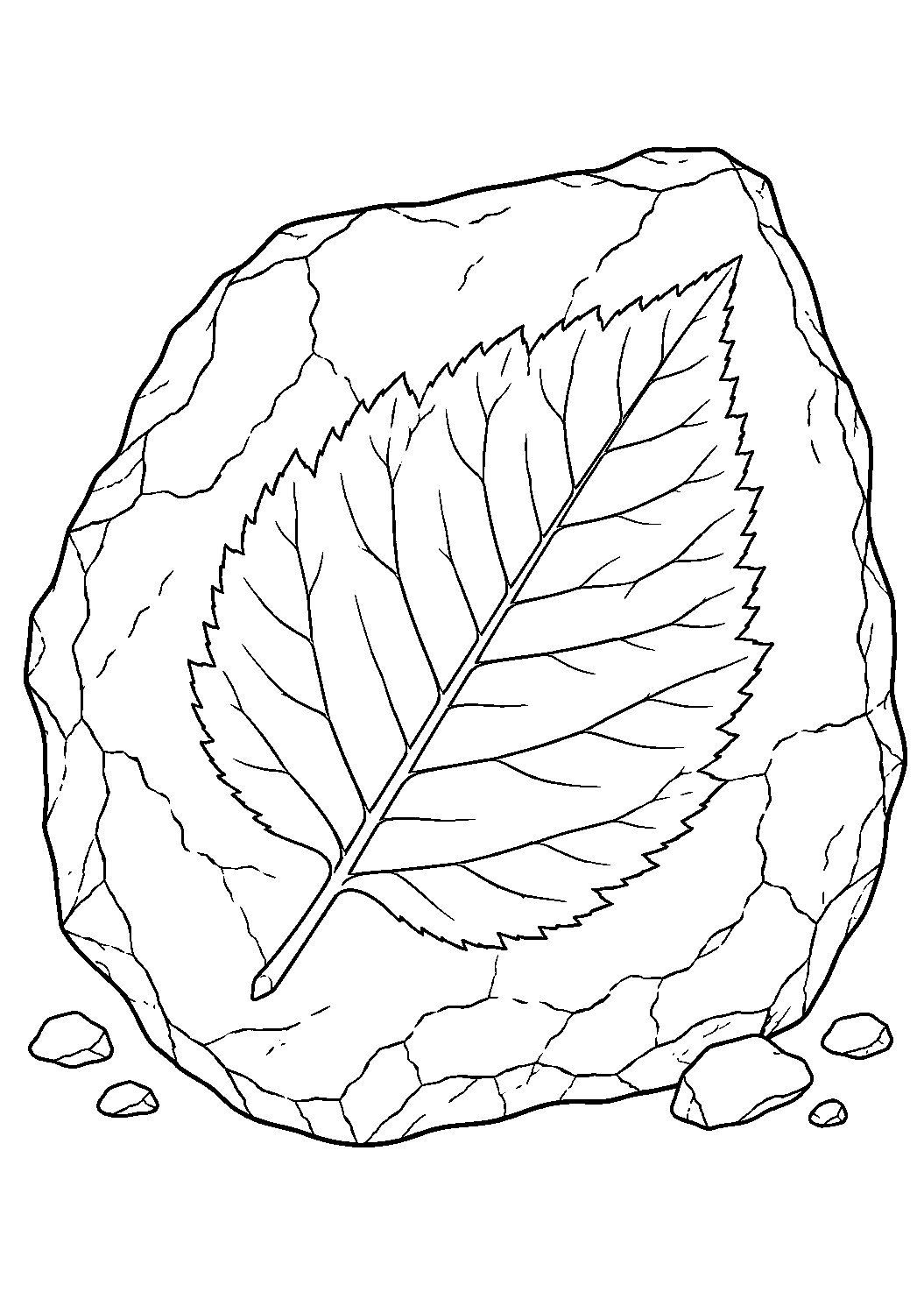 Coloriage scientifique illustrant empreinte nette d’une feuille ancienne dans une plaque de roche, sans texte, à imprimer