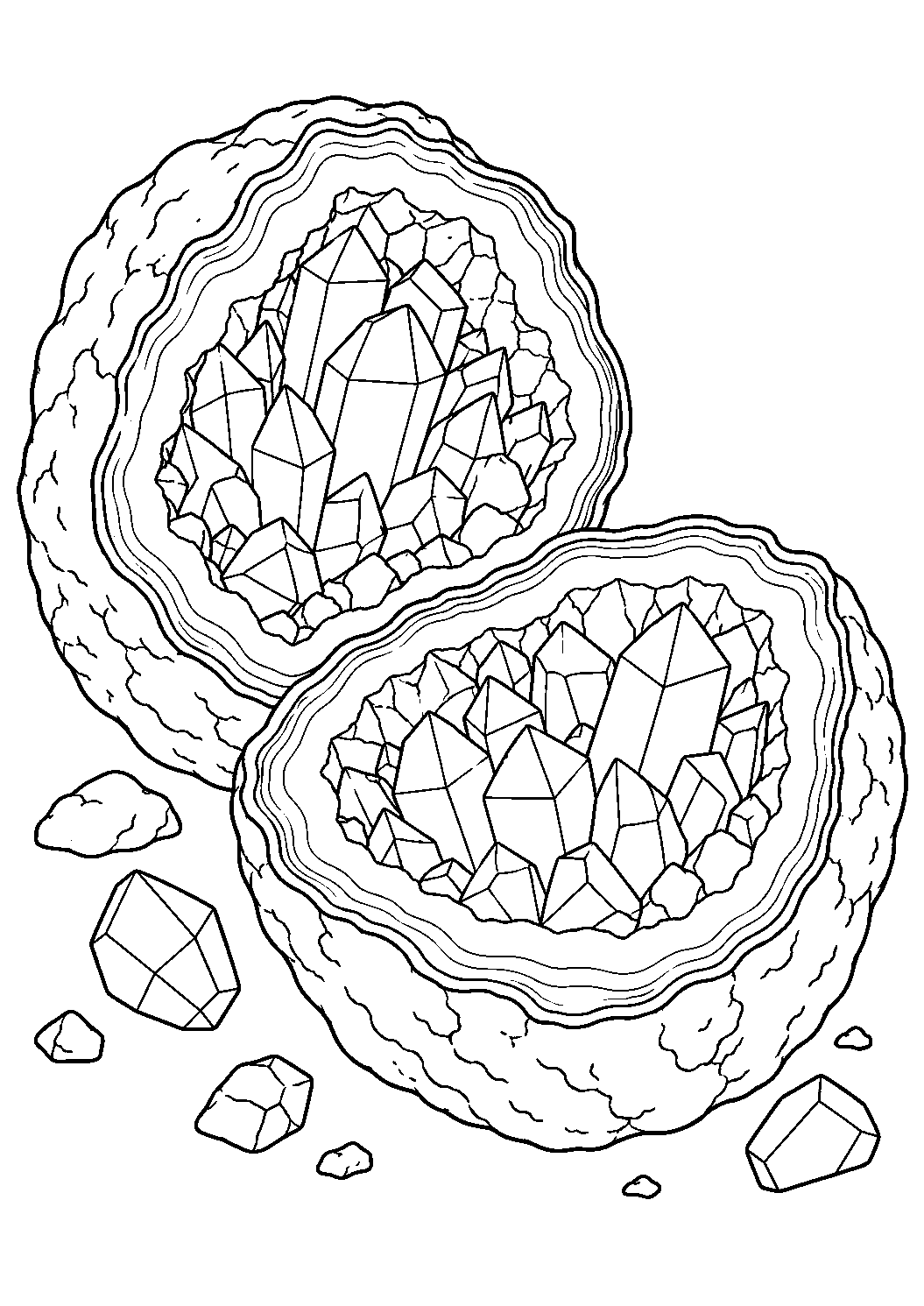 Coloriage scientifique illustrant géode coupée en deux avec cristaux visibles à l’intérieur, sans texte, à imprimer