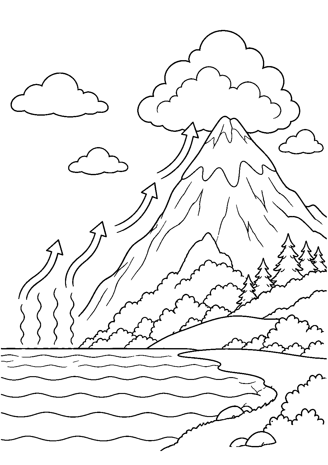Coloriage scientifique illustrant air humide montant le long d’une montagne et nuage se formant au sommet, sans texte, sans texte, à imprimer