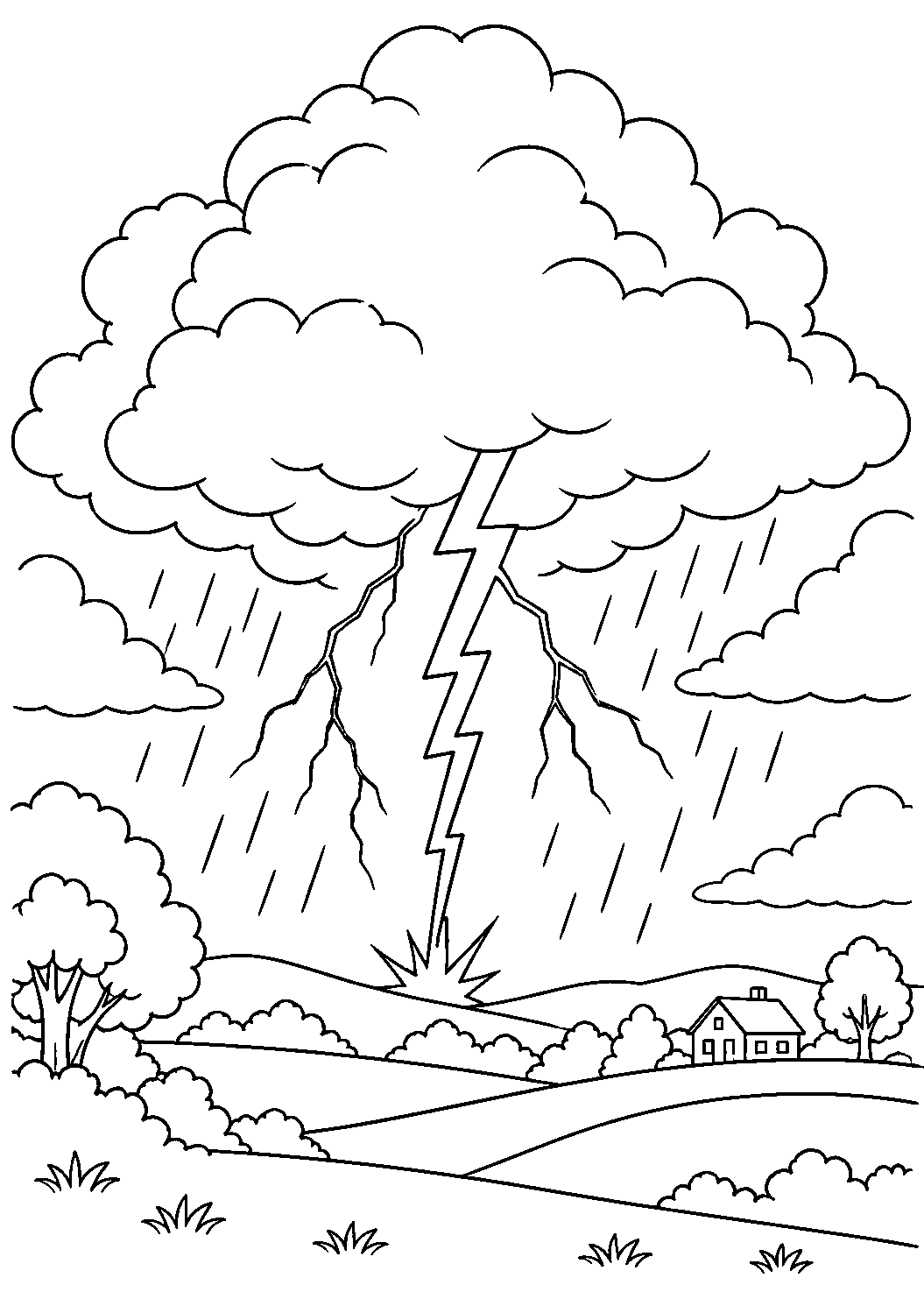 Coloriage scientifique illustrant grand nuage d’orage avec éclair descendant vers le sol, sans texte, à imprimer