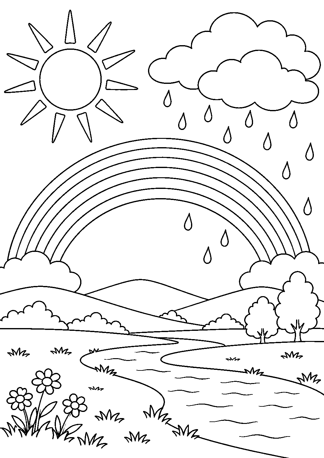 Coloriage scientifique illustrant soleil, gouttes de pluie et arc-en-ciel au-dessus d’un paysage simple, sans texte, à imprimer