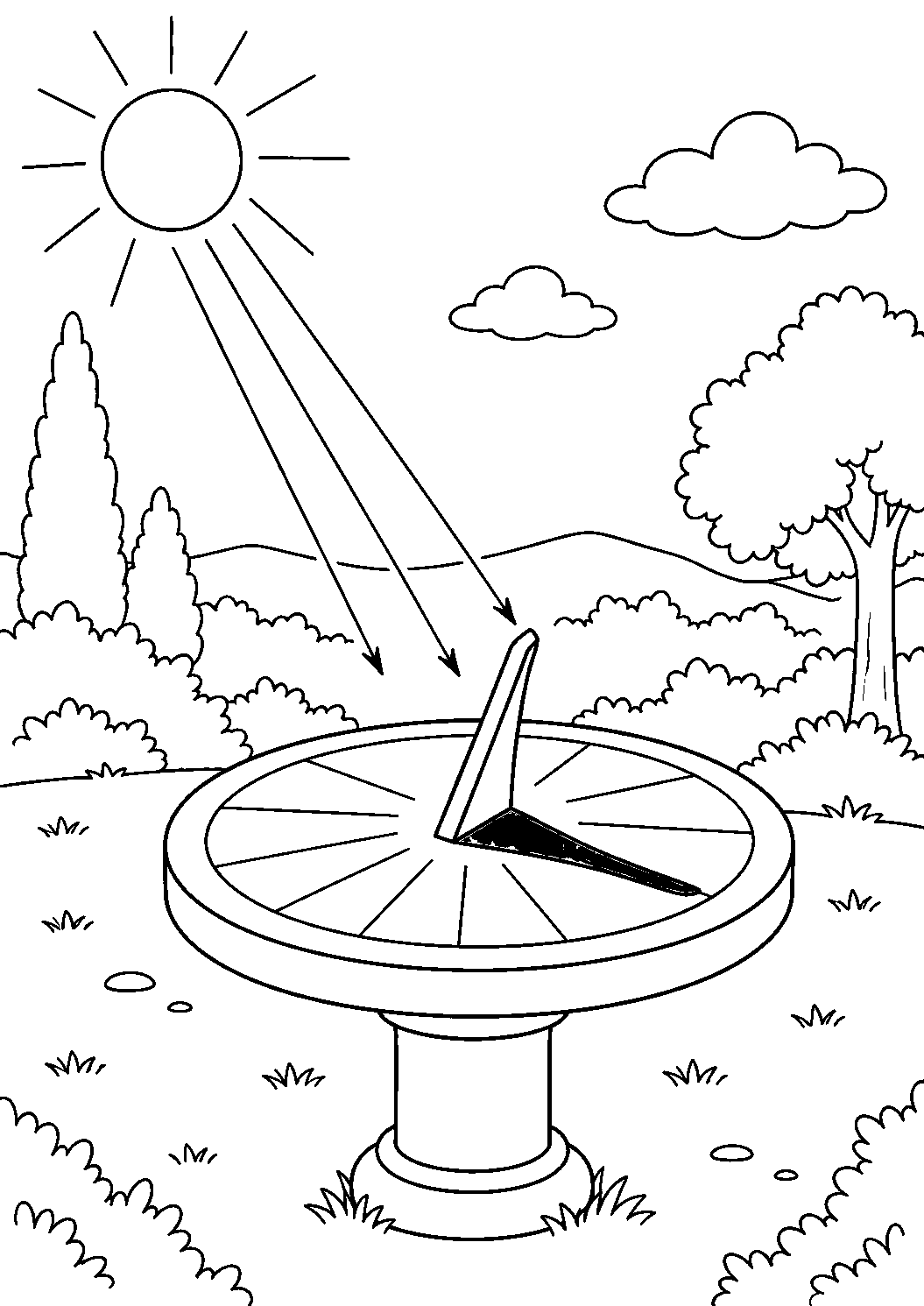 Coloriage scientifique illustrant cadran solaire simple avec tige projetant une ombre, sans chiffres, sans texte, à imprimer