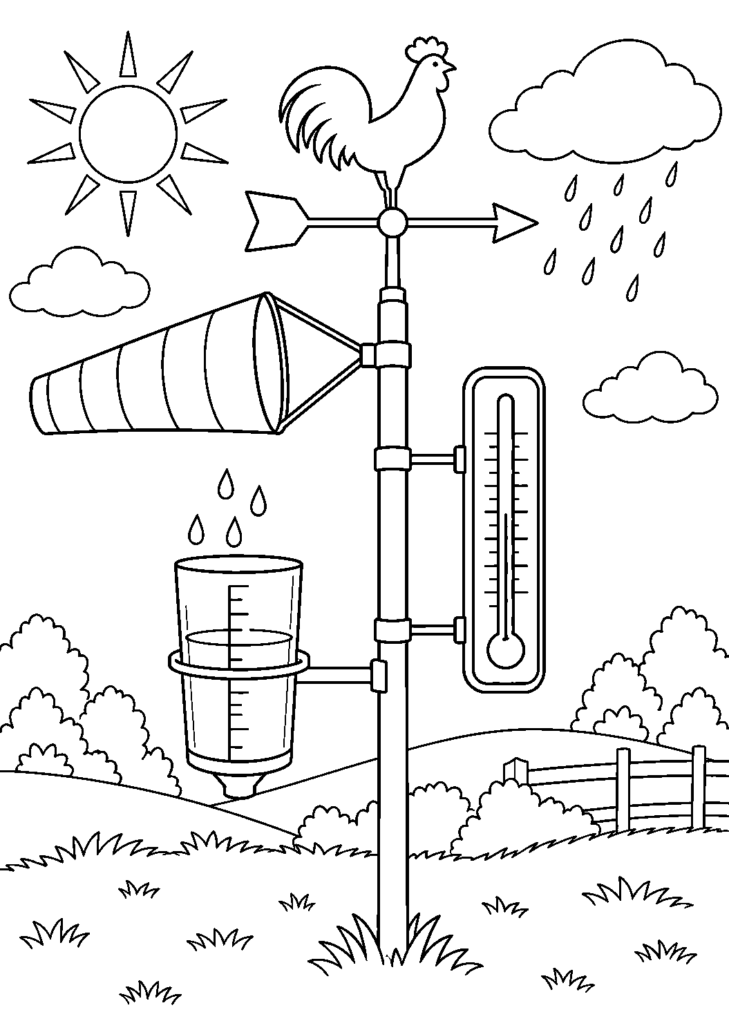 Coloriage scientifique illustrant thermomètre, manche à air, pluviomètre et girouette regroupés sans texte, sans texte, à imprimer