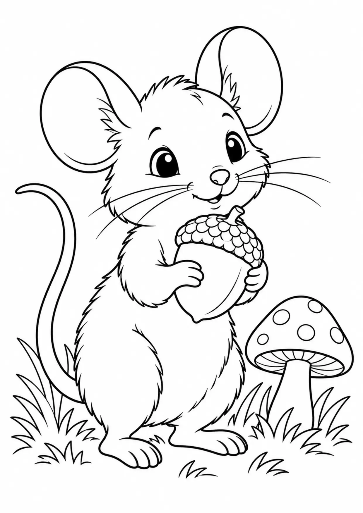 Coloriage souris : gland champignon à imprimer montrant gland champignon, dessin noir et blanc