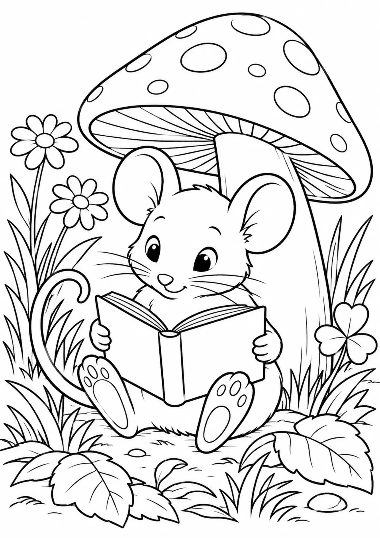 Coloriage souris : livre champignon à imprimer montrant livre champignon, dessin noir et blanc