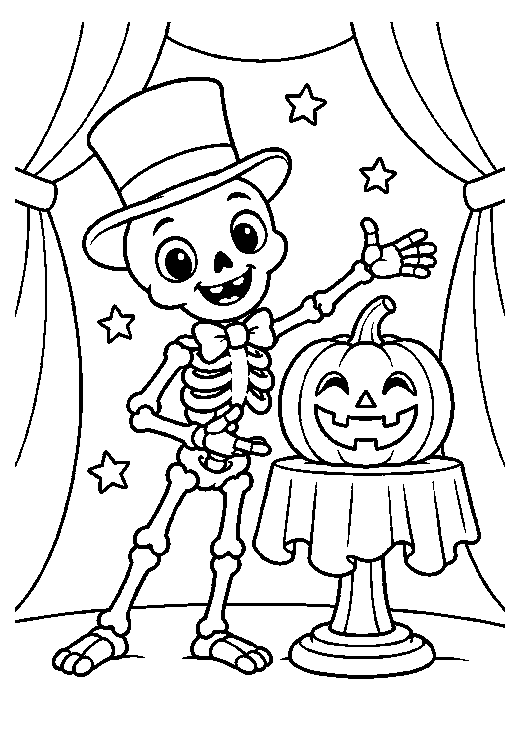 Squelette magicien présentant une citrouille sur scène à colorier