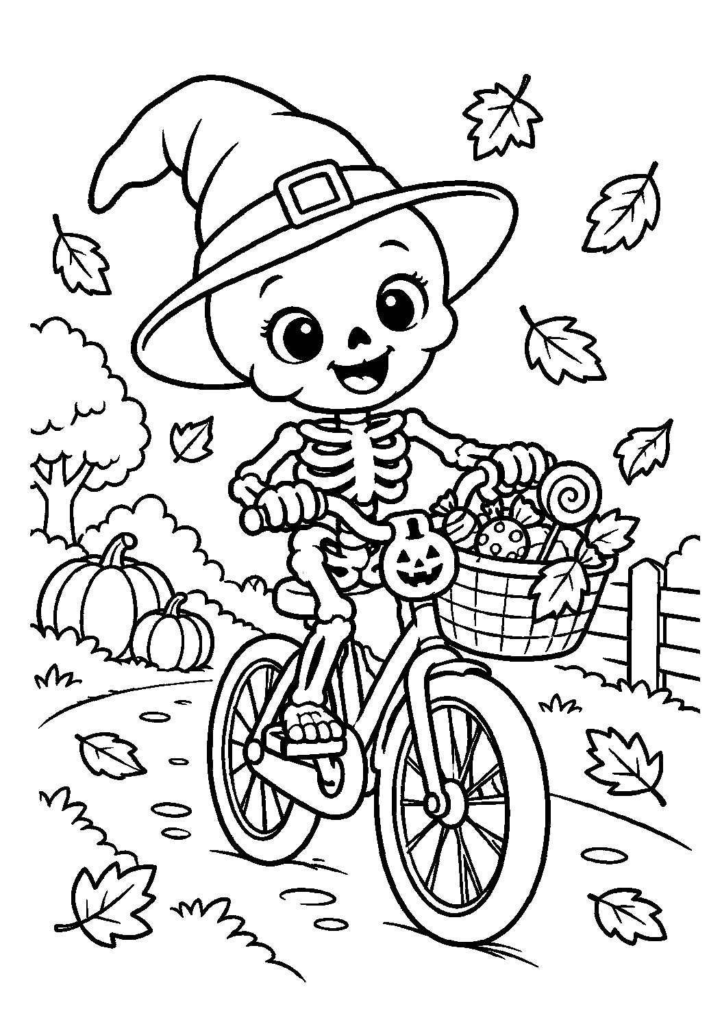 Petit squelette roulant à vélo avec un panier de bonbons à colorier