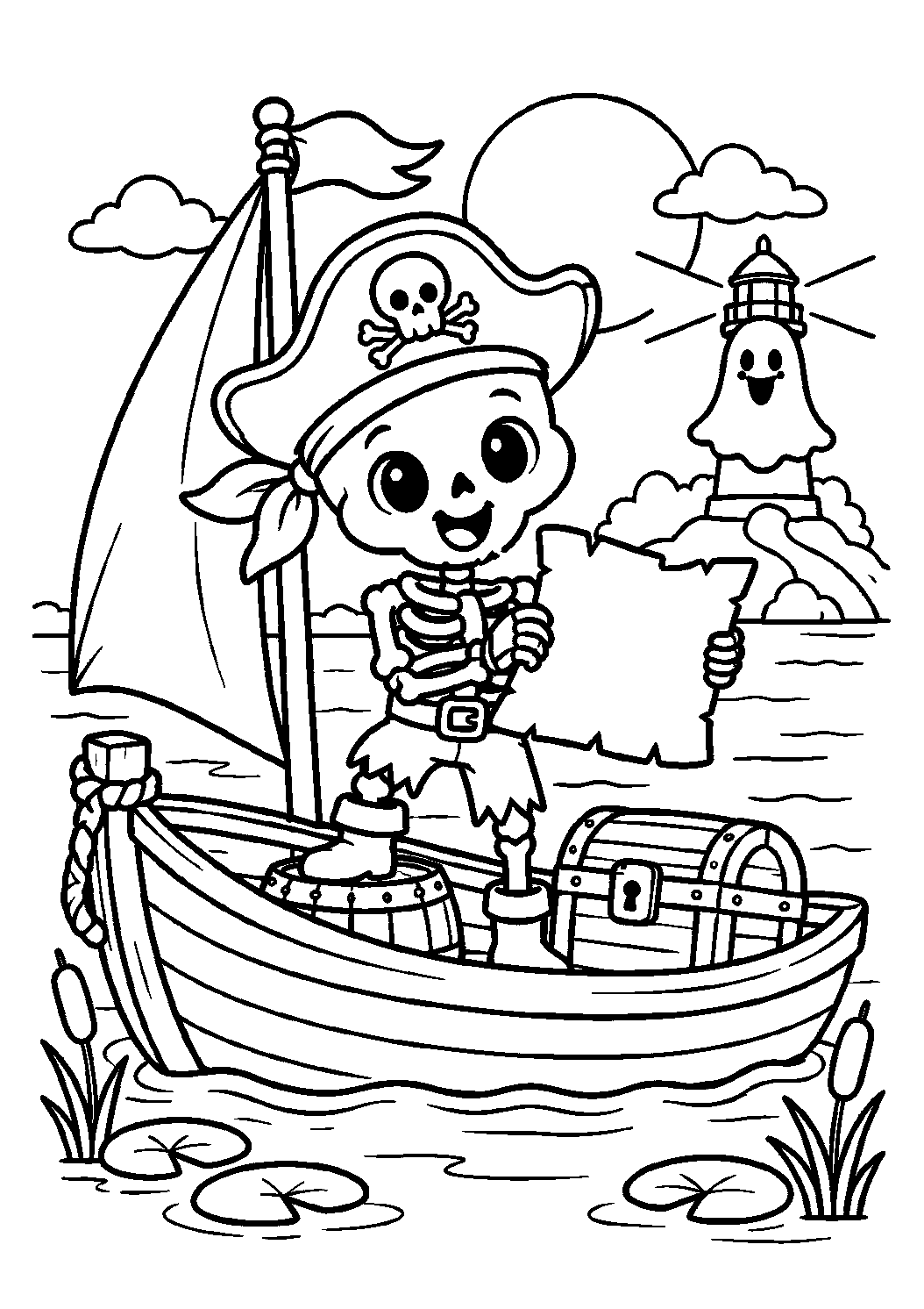 Squelette pirate naviguant avec une carte au trésor à colorier
