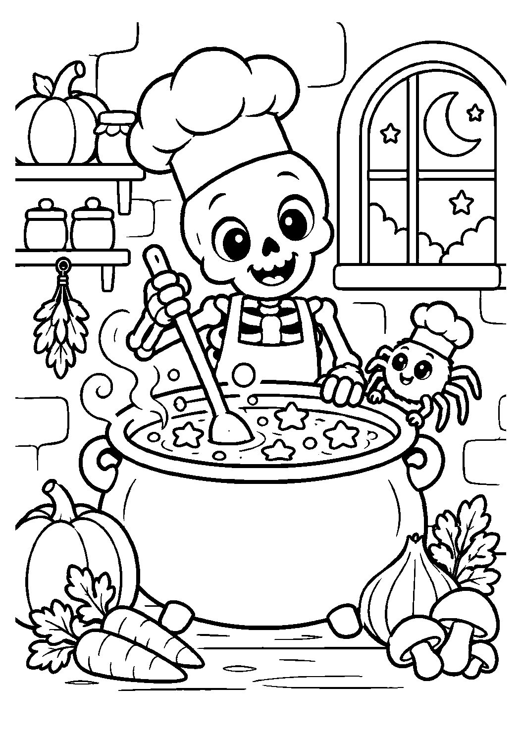 Squelette chef remuant un grand chaudron d’Halloween à colorier