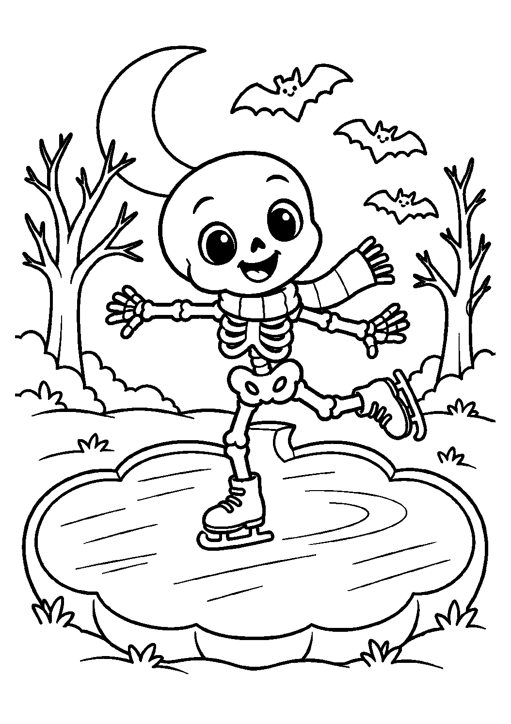 Squelette joyeux patinant sur un petit étang sous la lune à colorier