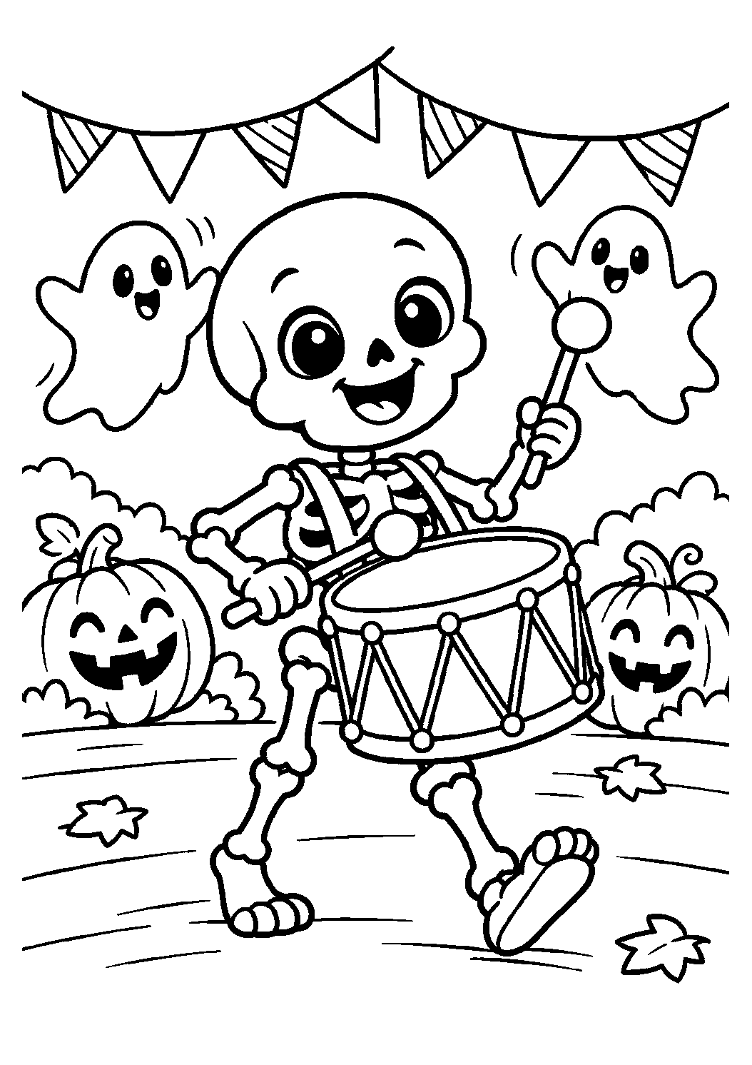 Squelette musicien jouant du tambour dans une parade d’Halloween à colorier