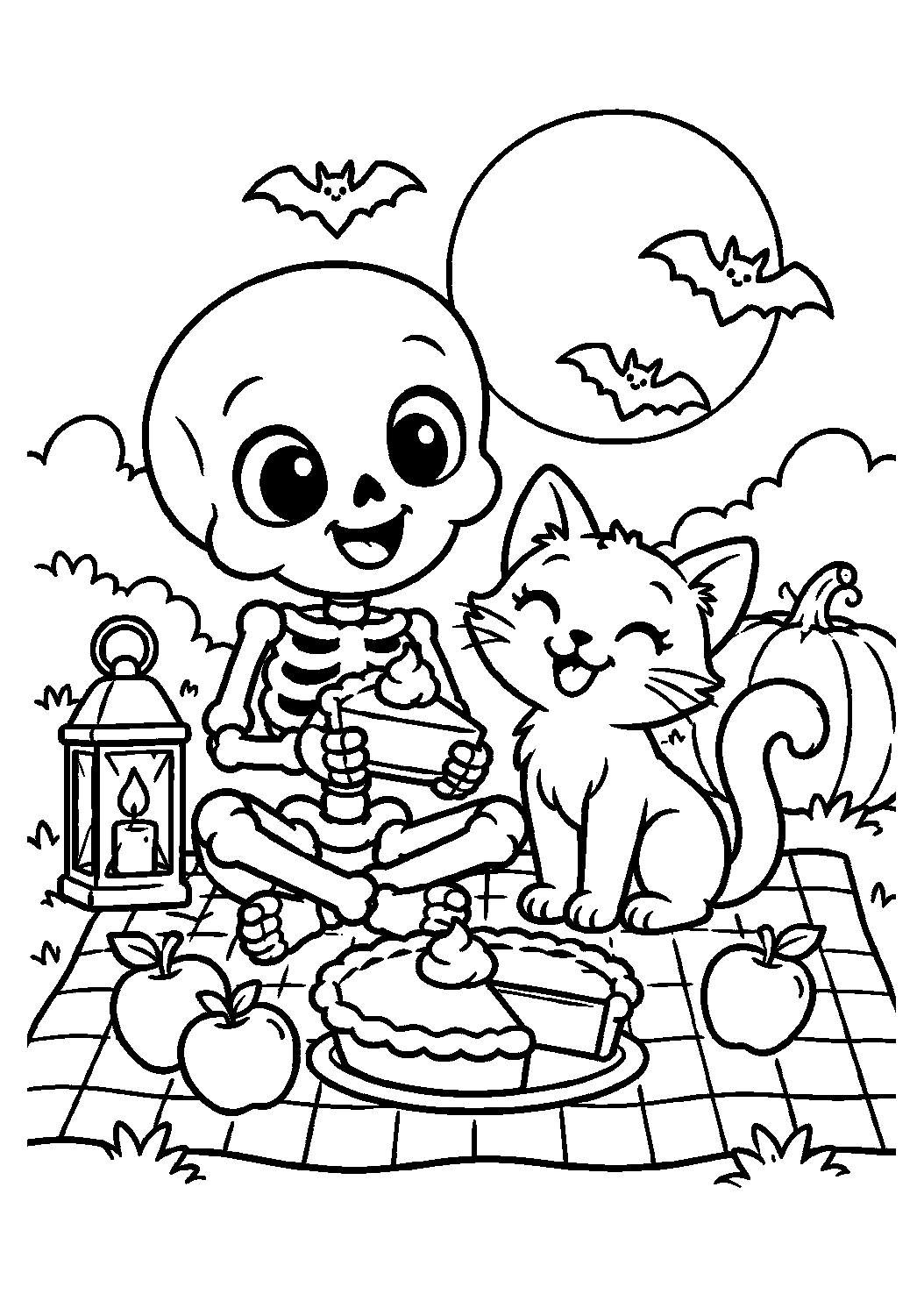 Squelette partageant un pique-nique avec un gentil chat à colorier