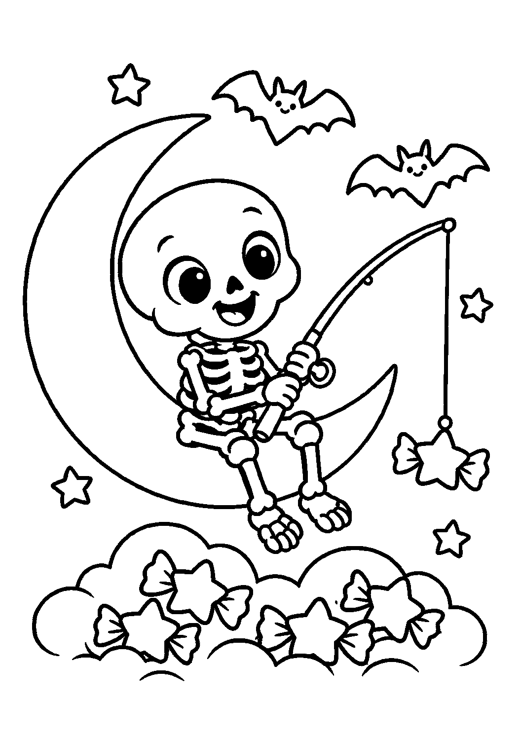 Squelette assis sur la lune et pêchant des bonbons étoilés à colorier