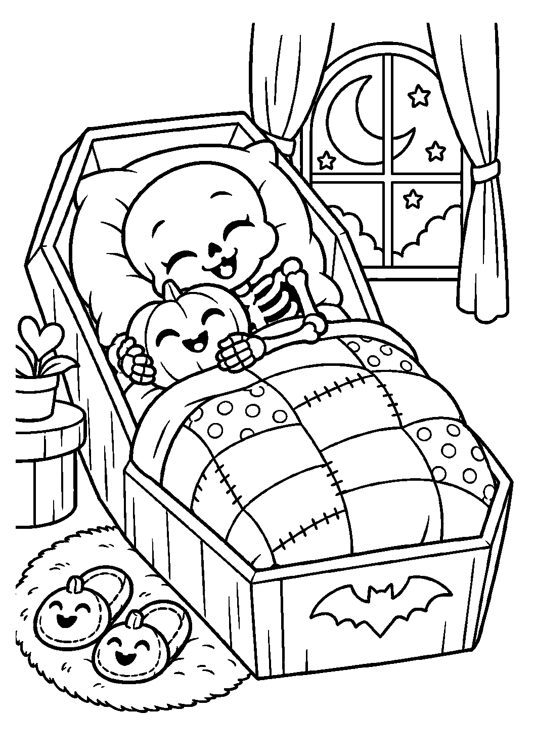 Petit squelette dormant dans un lit en forme de cercueil avec une peluche à colorier
