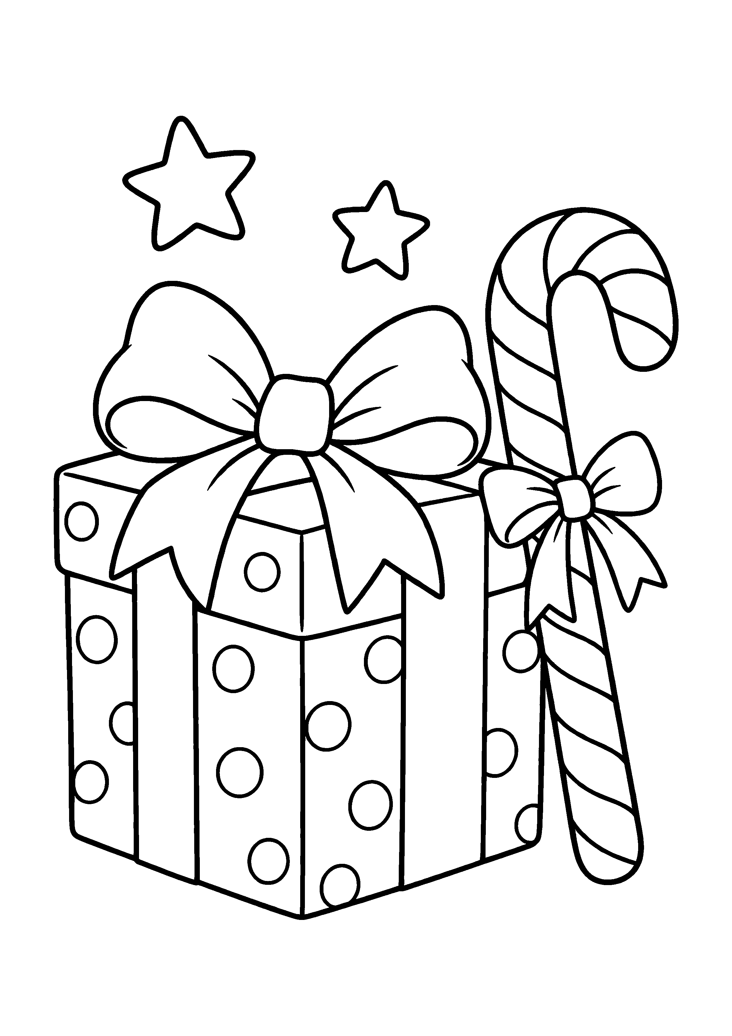 Coloriage Un cadeau de Noël posé contre un sucre d’orge de Noël à imprimer gratuitement