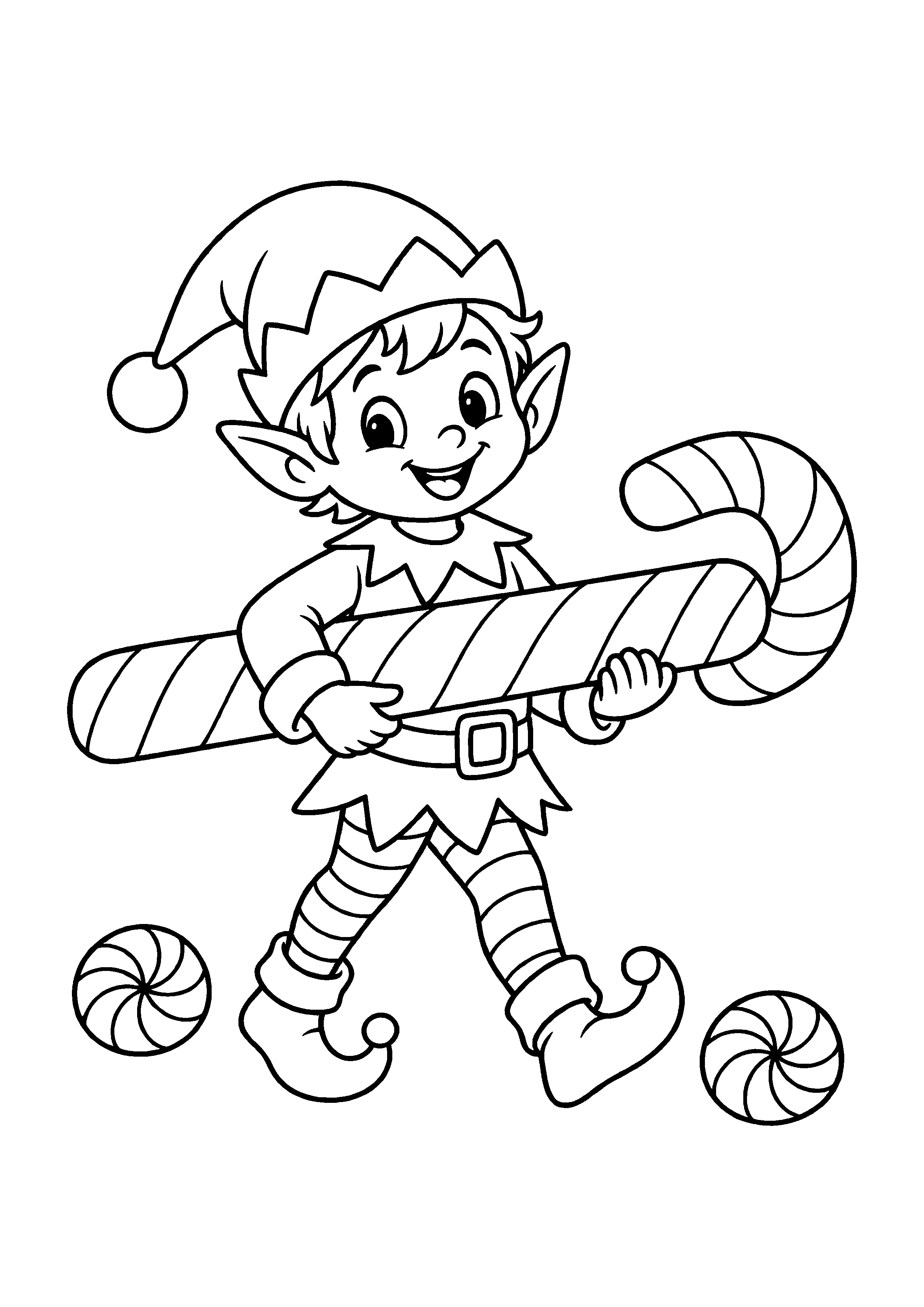 Coloriage Un lutin transporte un sucre d’orge géant de Noël à imprimer gratuitement