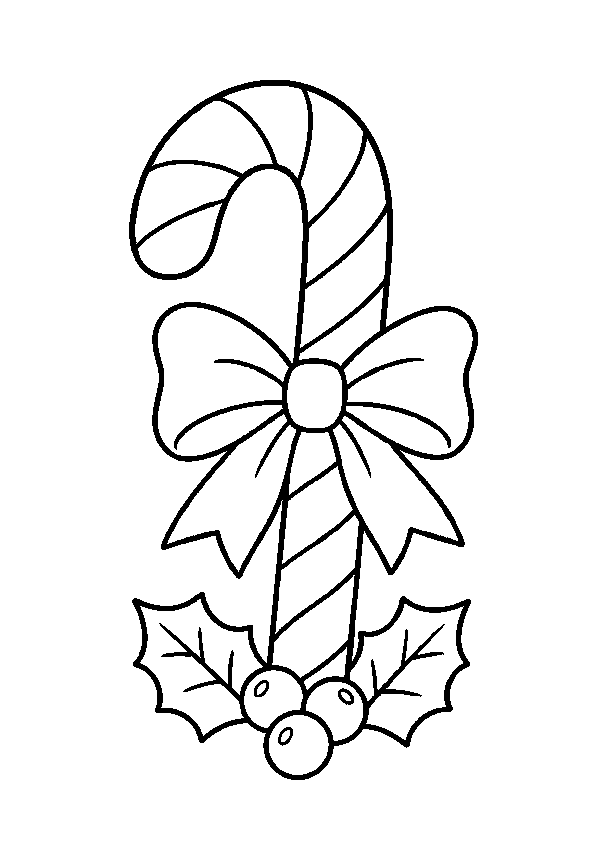 Coloriage Grande canne de sucre d'orge avec grand noeud et houx de Noël à imprimer gratuitement