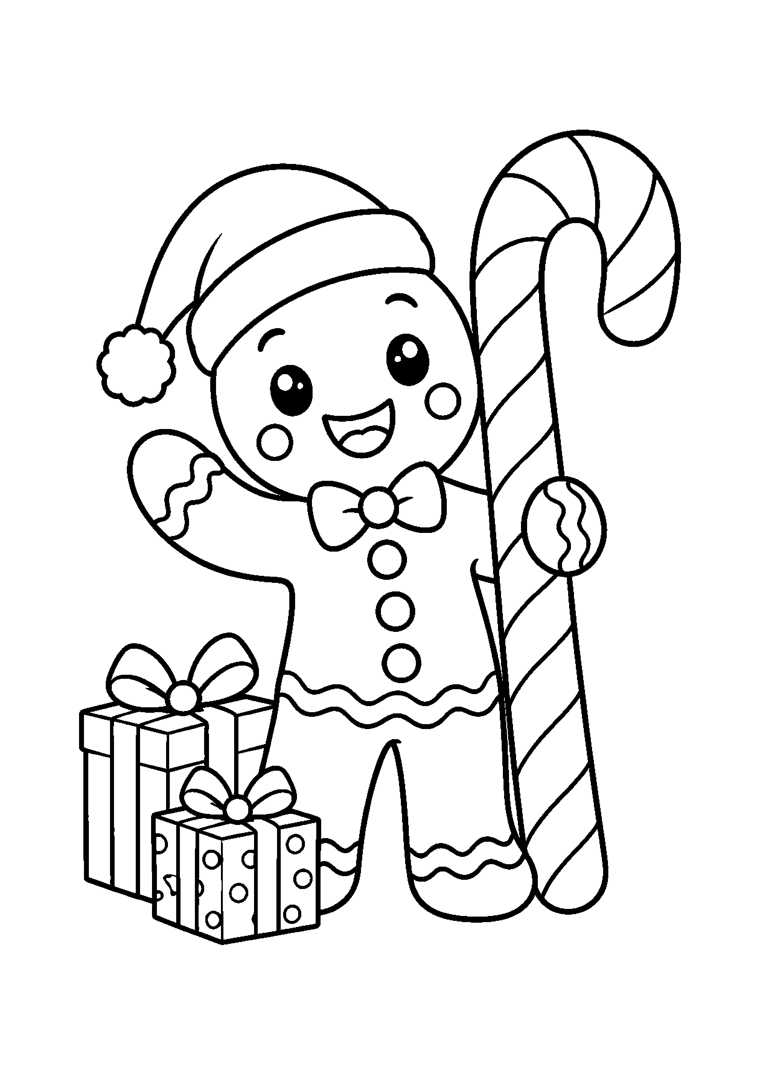 Coloriage Personnage pain d'epice tenant un sucre d'orge avec cadeaux de Noël à imprimer gratuitement